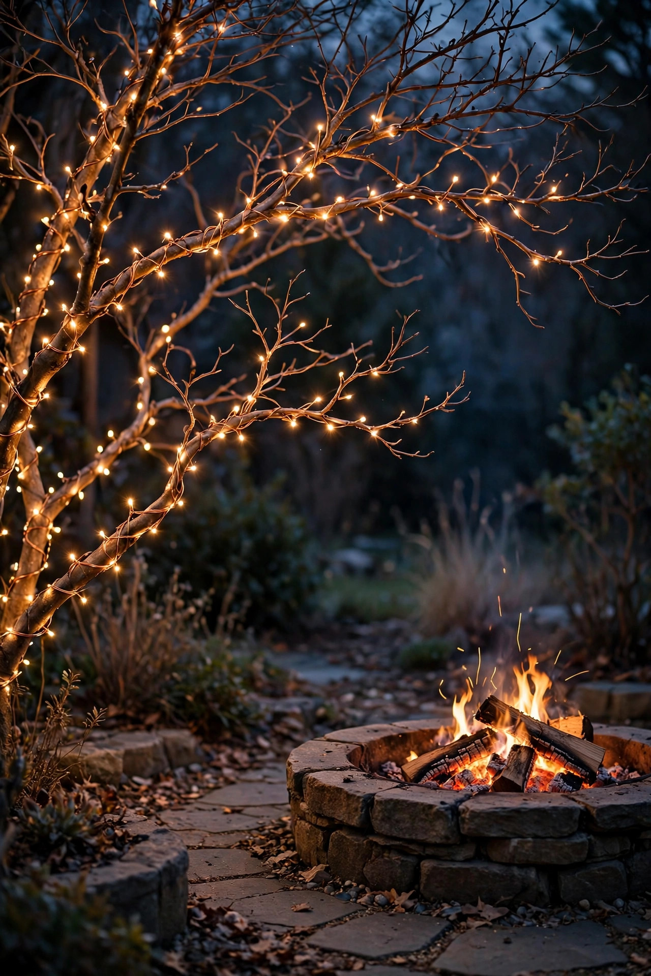 Bare ornamental tree branches wrapped with warm copper wire fairy lights beside a fire pit at night