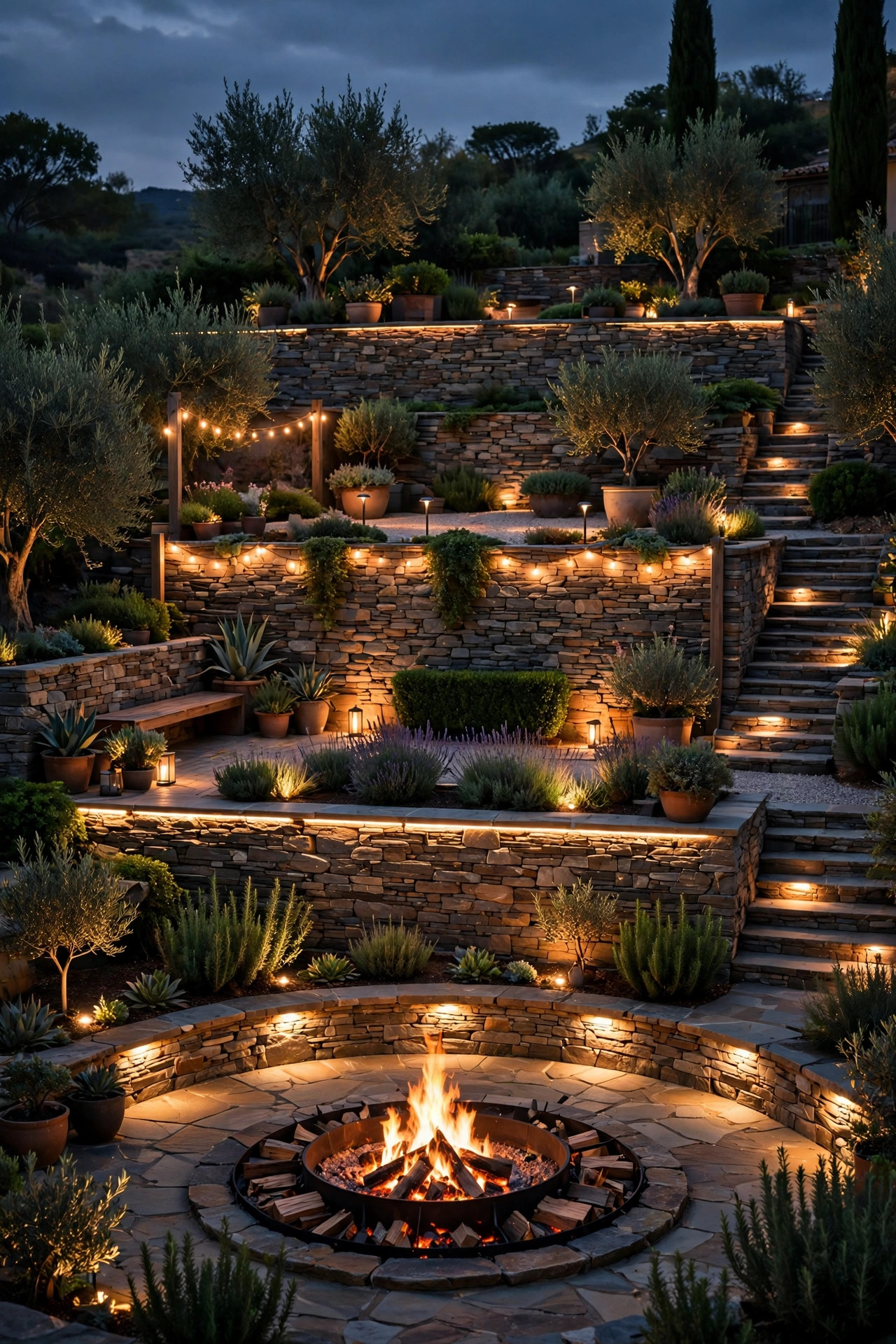 Terraced backyard at night with each level glowing at a different warm brightness around a central fire pit