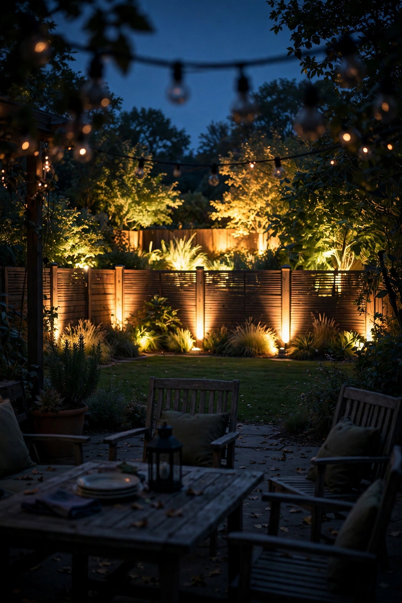 Small yard at dusk with landscape lights glowing in the background before patio lights come on