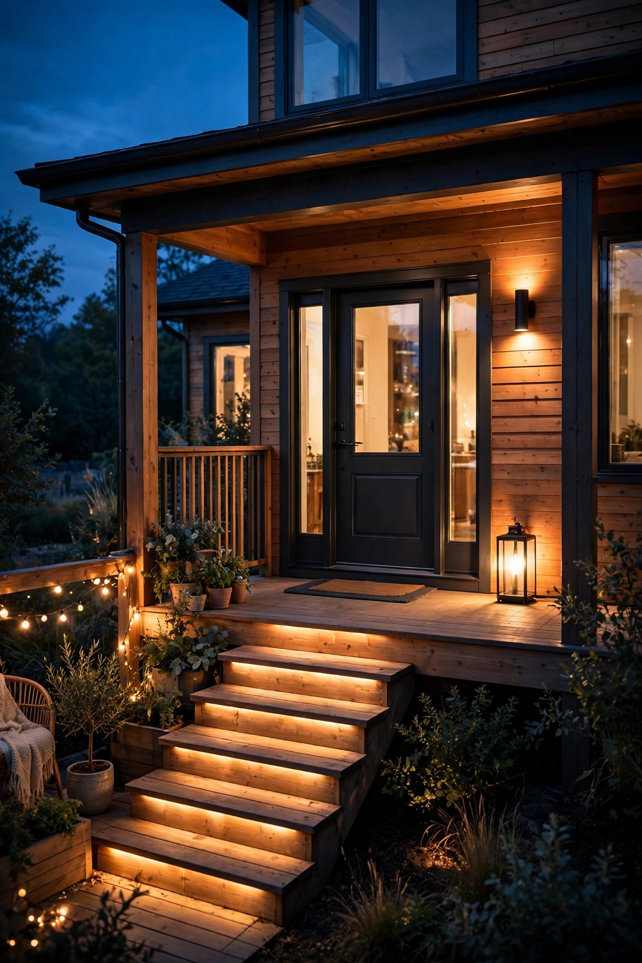 Porch divided into warm lighting zones: bright entry area, glowing steps, and soft string light corner