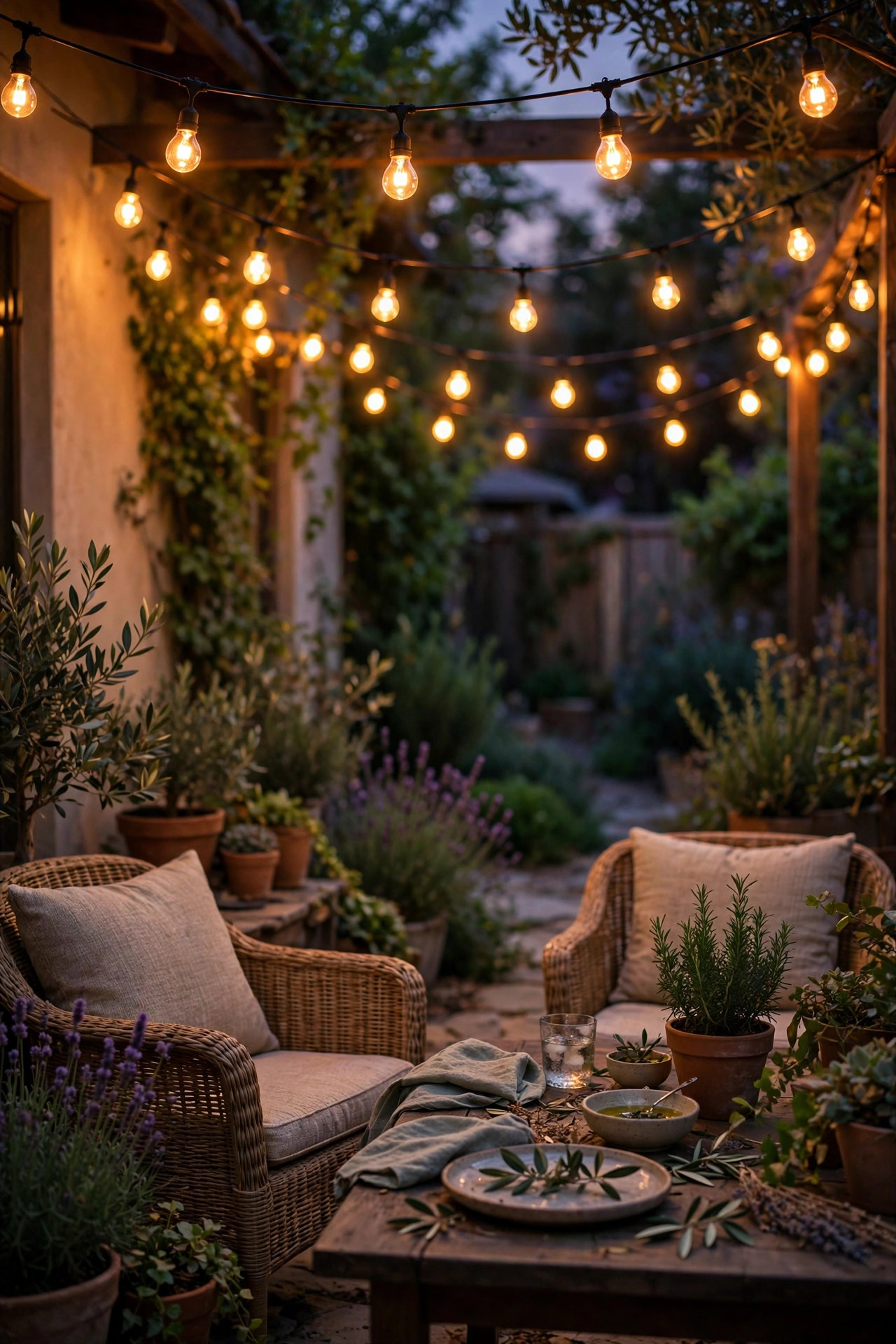 Amber-toned bulbs glowing warmly over patio seating on a late summer evening