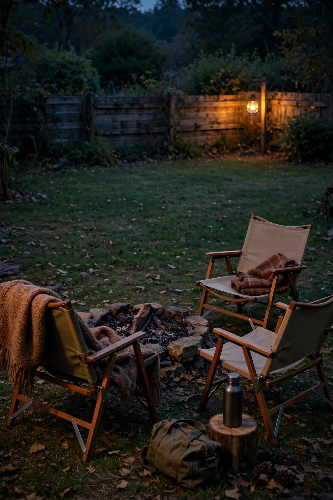 Amber lantern glowing at the far edge of a backyard while the camp seating area stays warm and dim