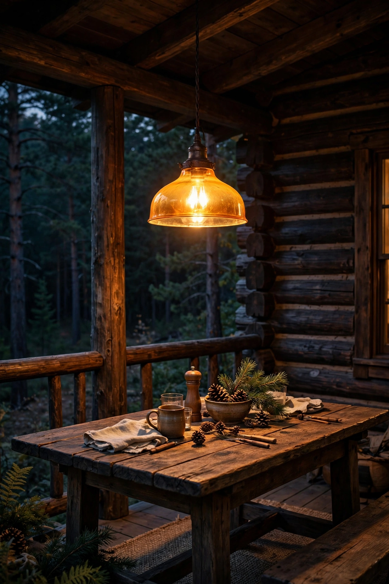 Amber pendant light glowing over a wooden dining table on a covered rustic cabin porch