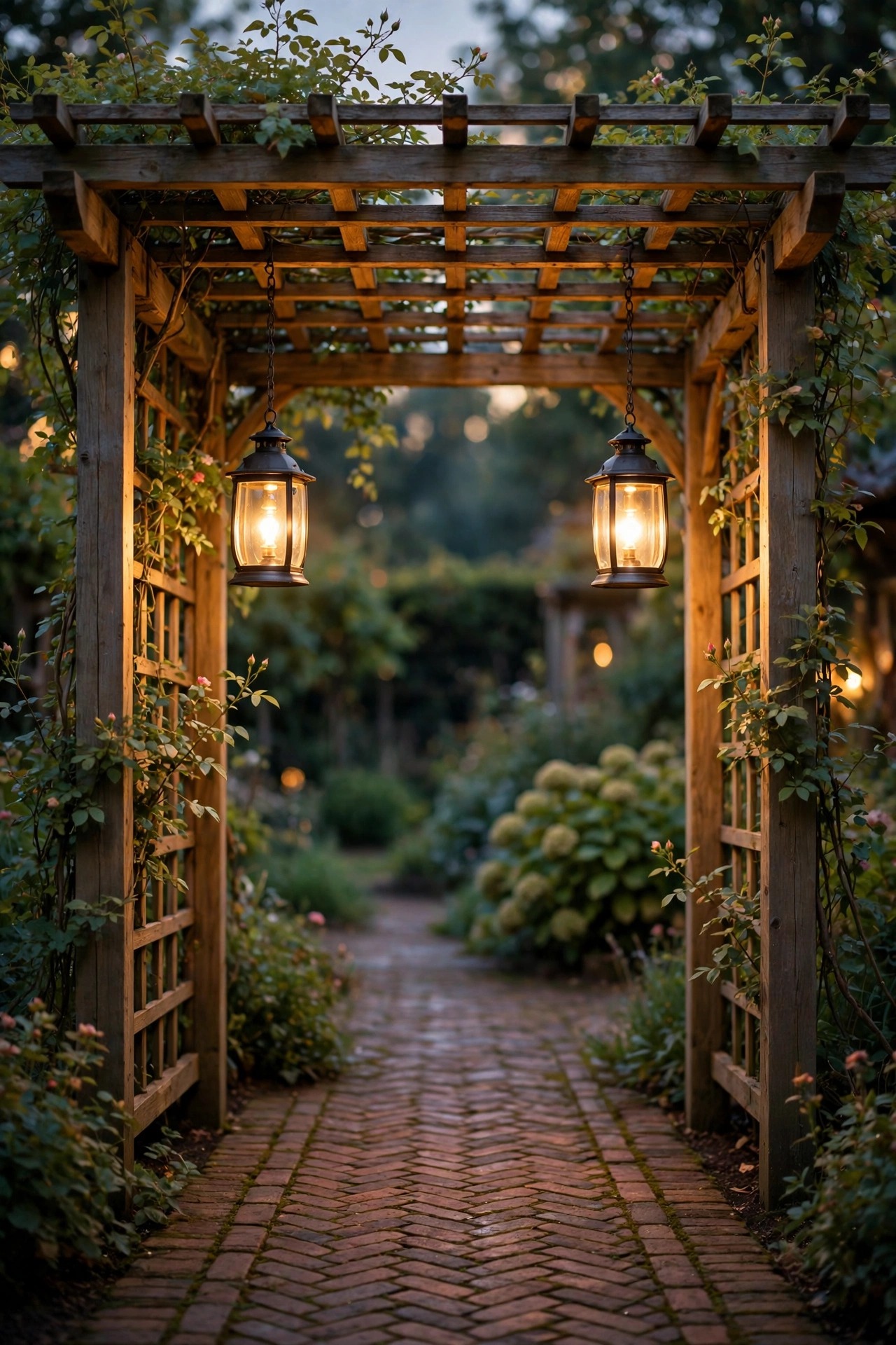 Wooden garden arbor over a brick path with two matching lantern pendants hanging at equal heights, warm glow at dusk