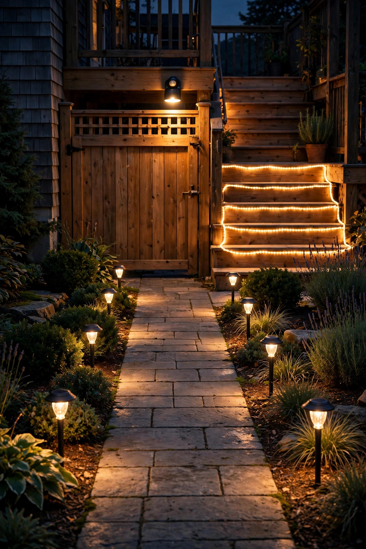 Front walkway at night with solar path stakes, a motion sensor light over the gate and rope light marking deck steps