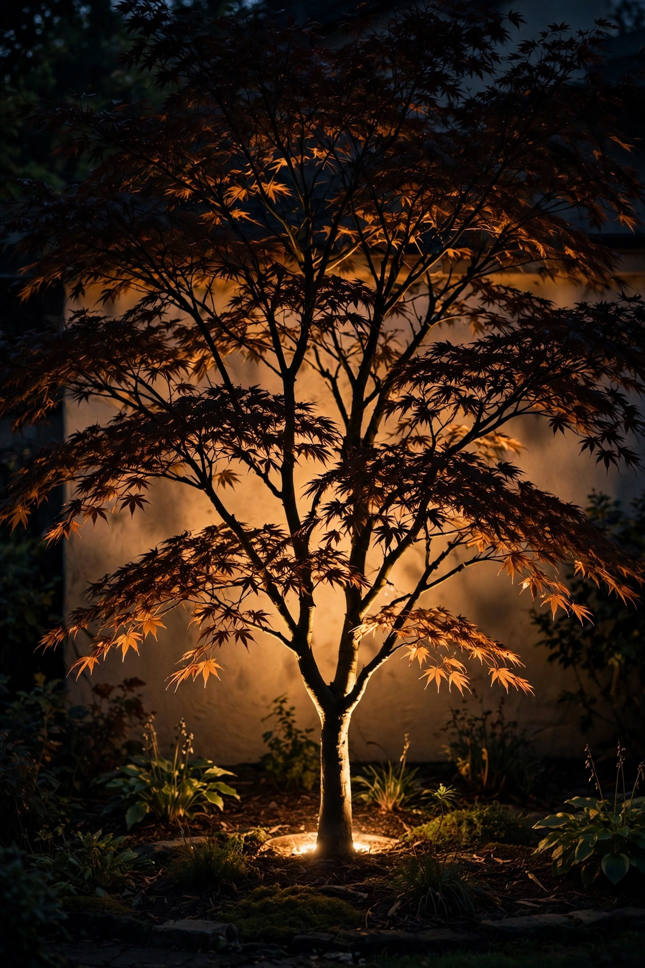 Backlit Japanese maple silhouette from in ground well lights landscape, dramatic shadow at night