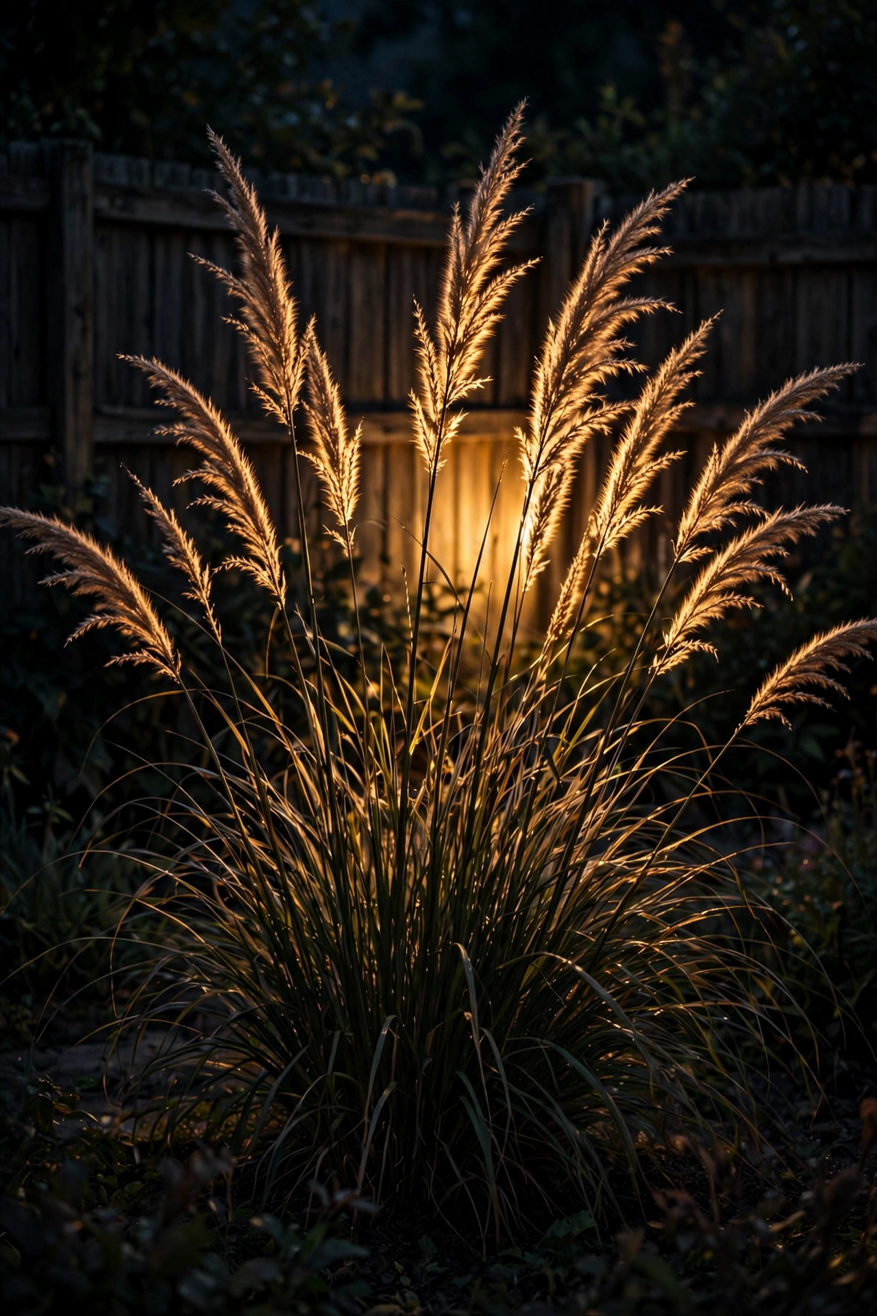 Ornamental grass glowing as a backlit silhouette against a dark garden fence at night