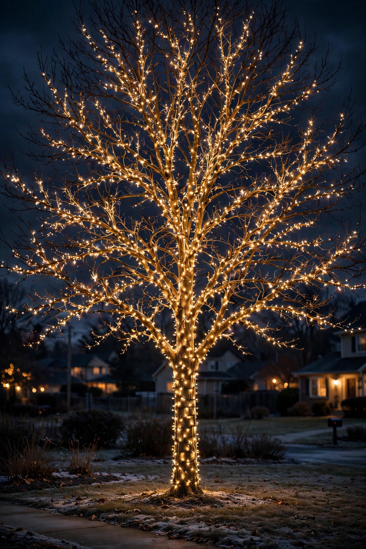 Bare deciduous tree wrapped in delicate fairy lights glowing like filigree at night