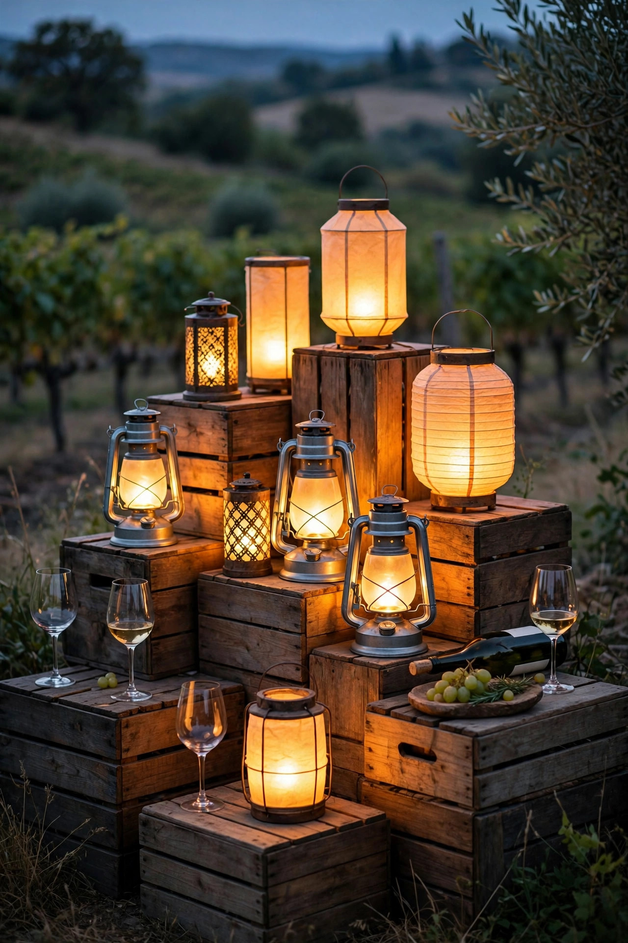 Cluster of glowing lanterns in staggered heights on wooden crates at the edge of an outdoor wine tasting