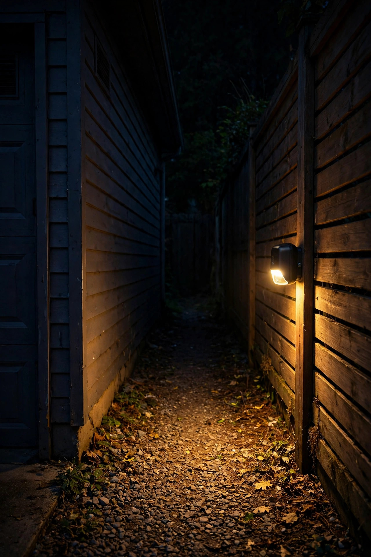 Battery-powered motion light glowing in the narrow passage between a detached garage and a fence at night