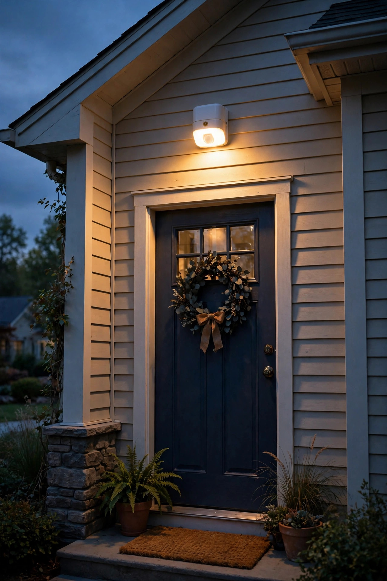 Battery powered motion sensor light glowing above a front door as evening falls