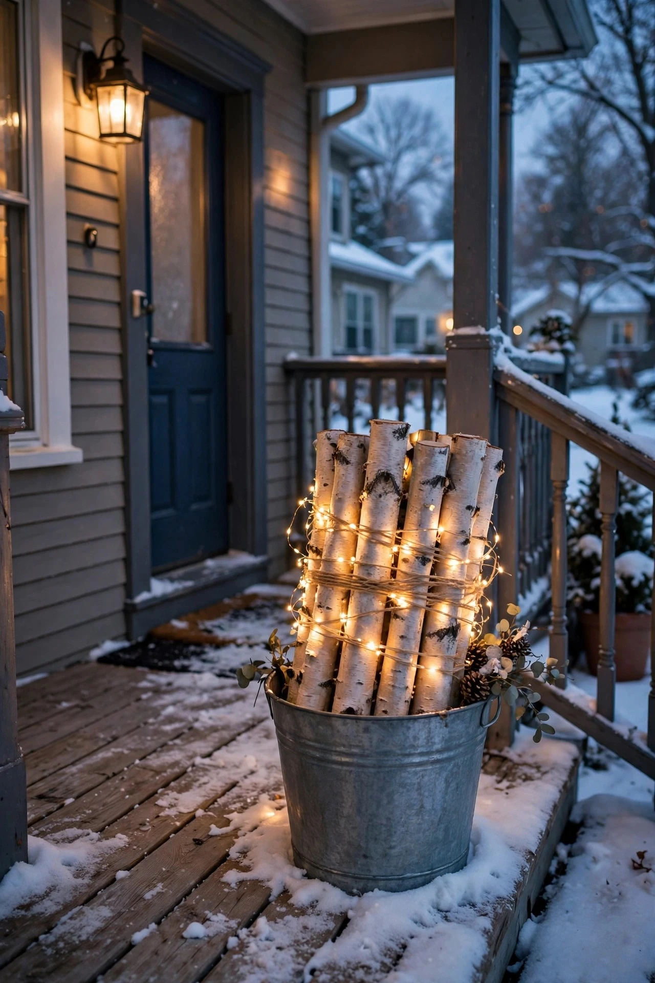 Birch log bundle wrapped in warm fairy lights styled in a bucket on a snowy winter porch