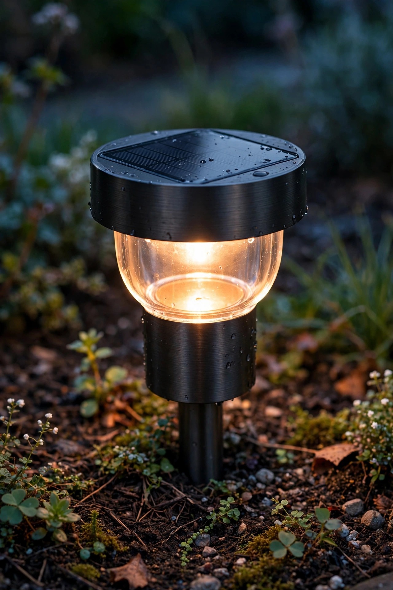 Close view of a freshly cleaned solar path light panel and lens glowing brightly in a garden bed at dusk, simple energy saving outdoor lighting maintenance