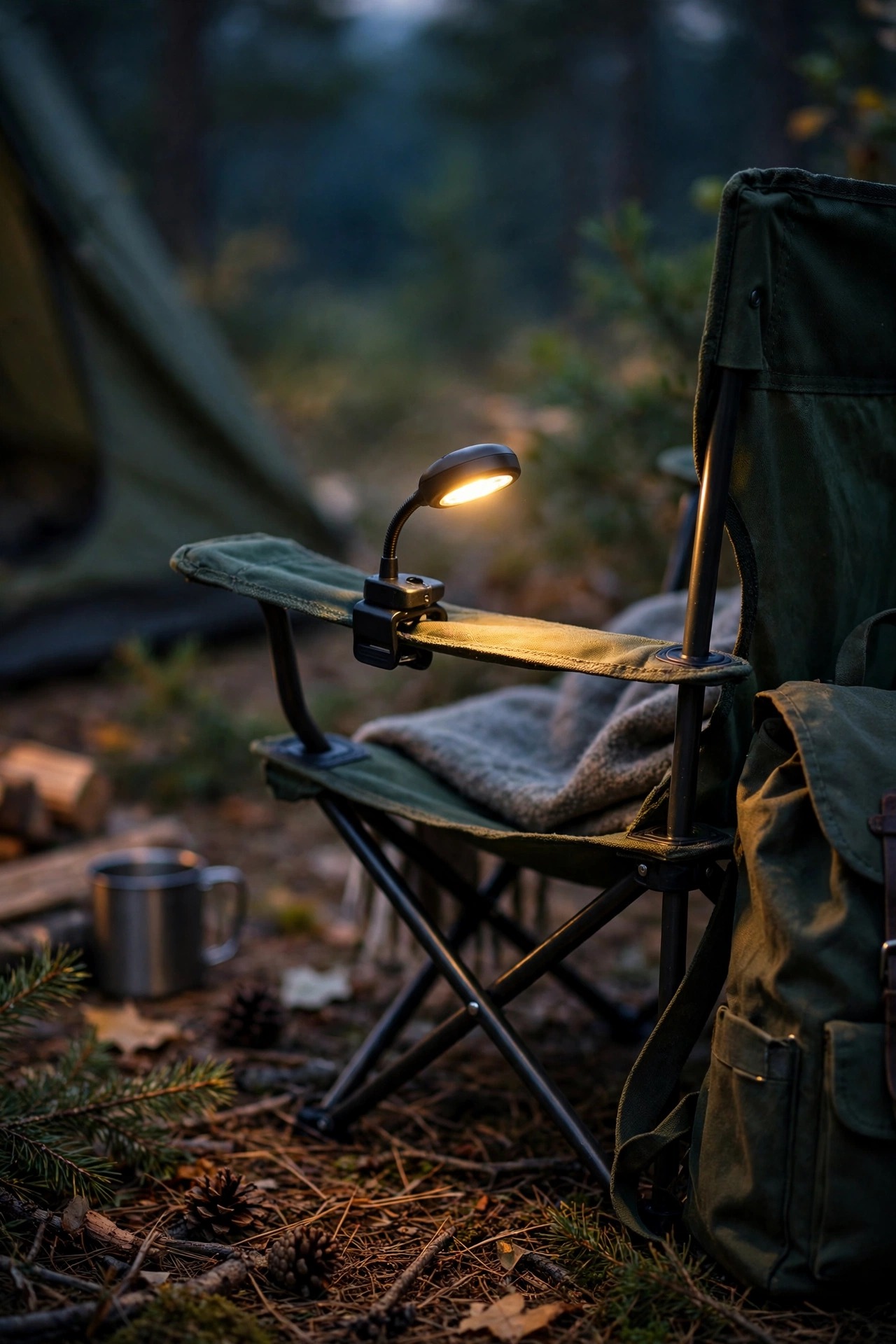 Small clip-on reading light attached to a camp chair arm at a cozy campsite corner