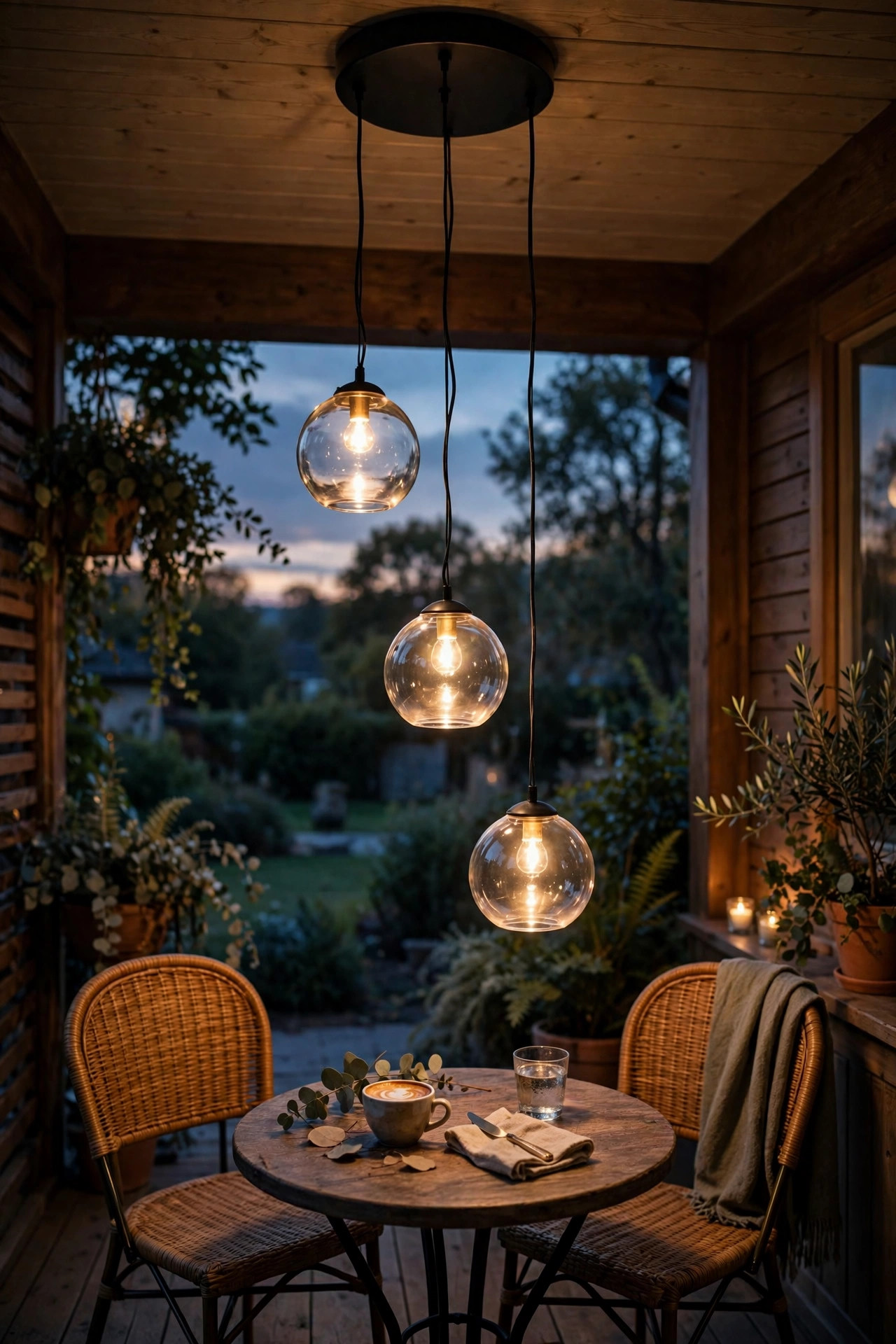 Three clustered pendant lights at staggered heights glowing over a small bistro table