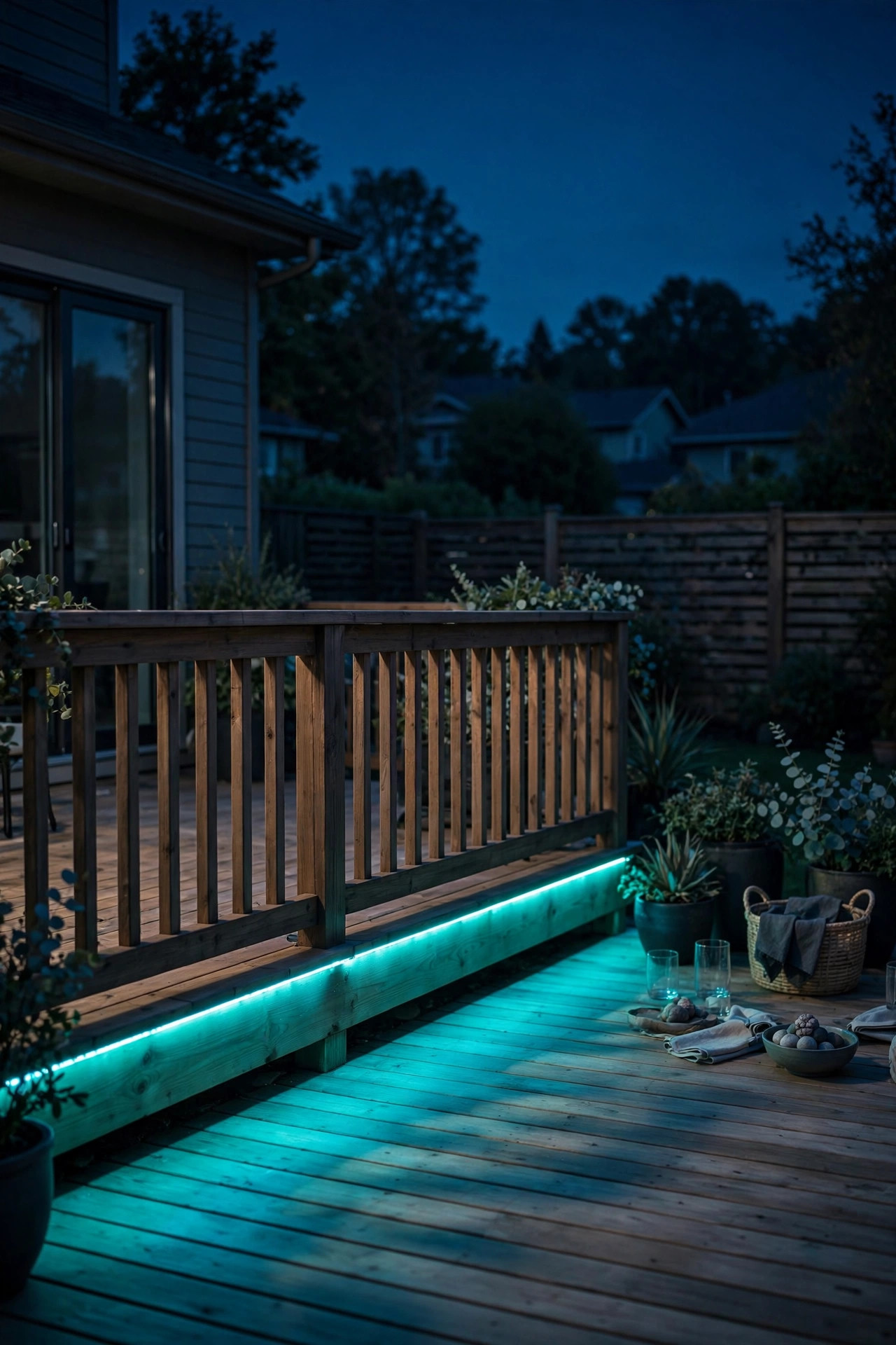 Wooden deck at night with color-changing rope light glowing teal along the railing