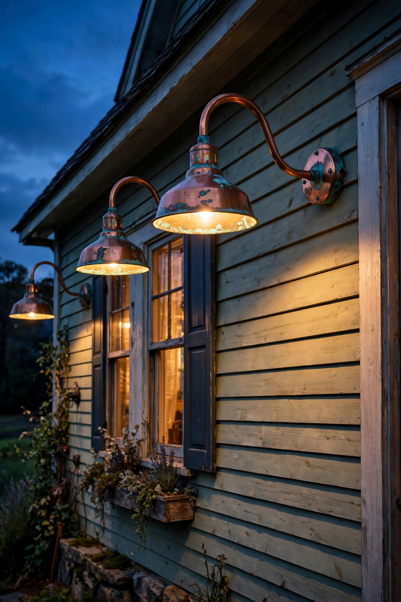 Copper gooseneck barn lights with warm patina on a farmhouse exterior at dusk