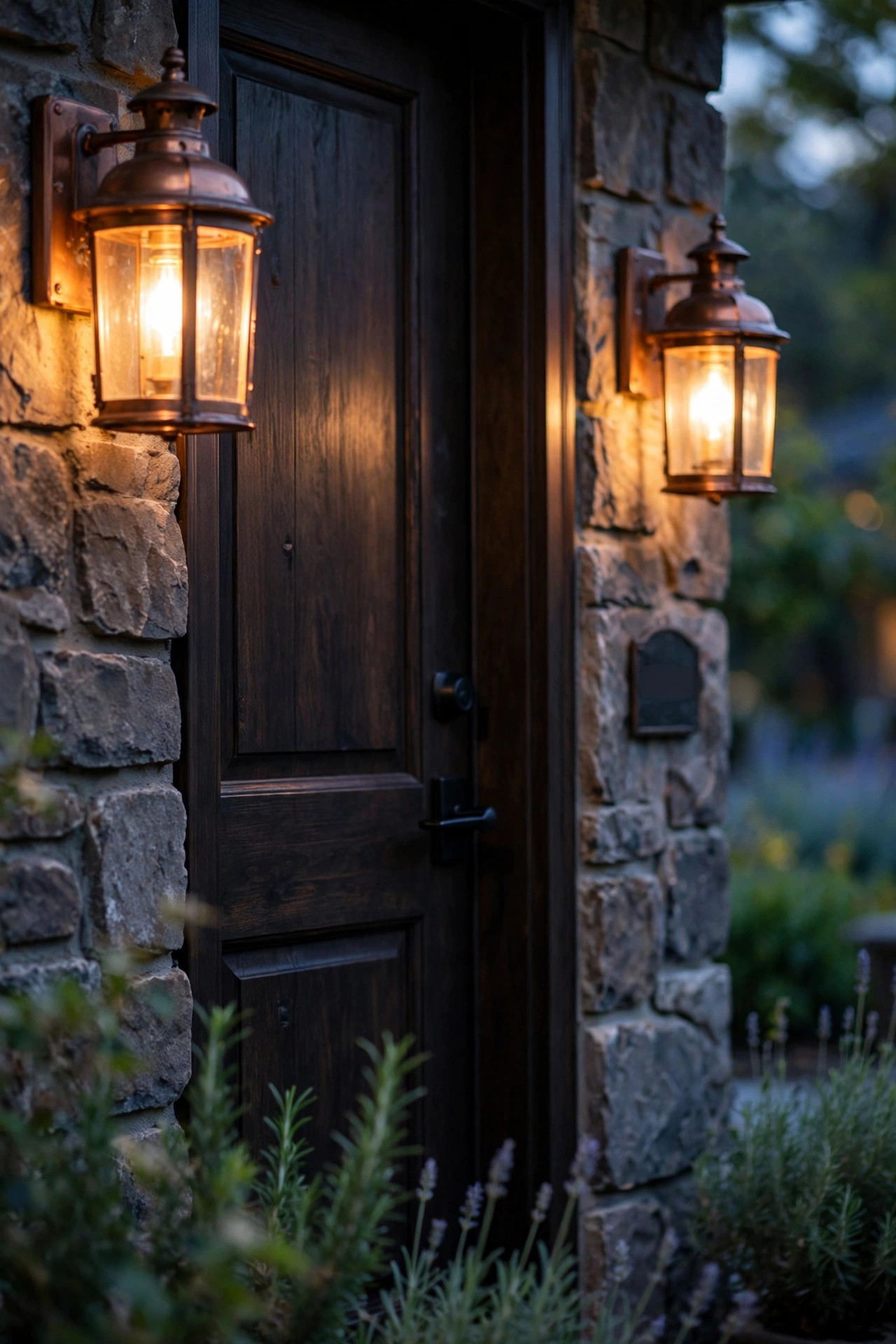 Copper wall lanterns paired with matte black house numbers and door hardware on a home entry at dusk