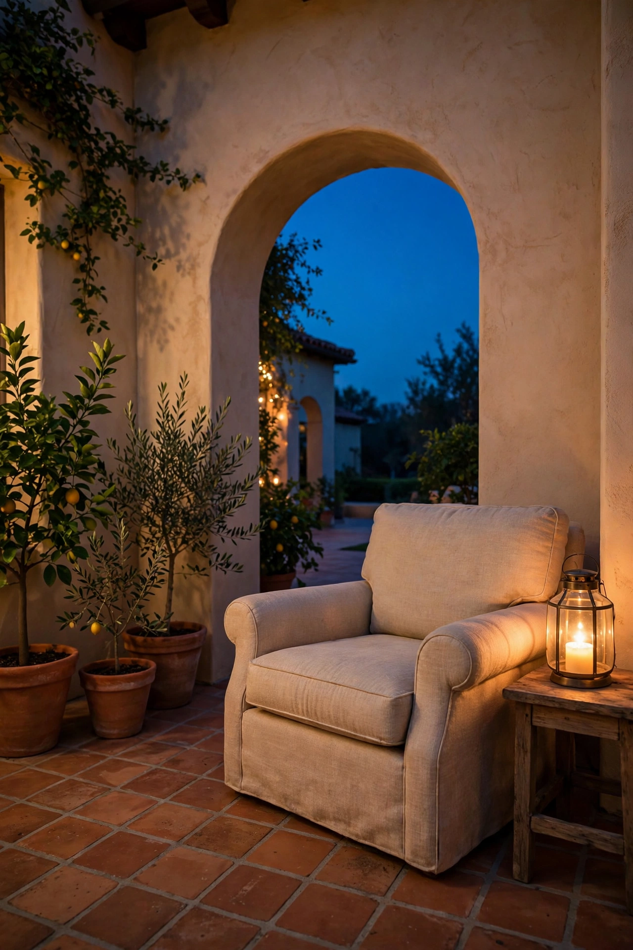 Cozy lantern-lit reading nook with chair and glowing lanterns in a villa courtyard corner