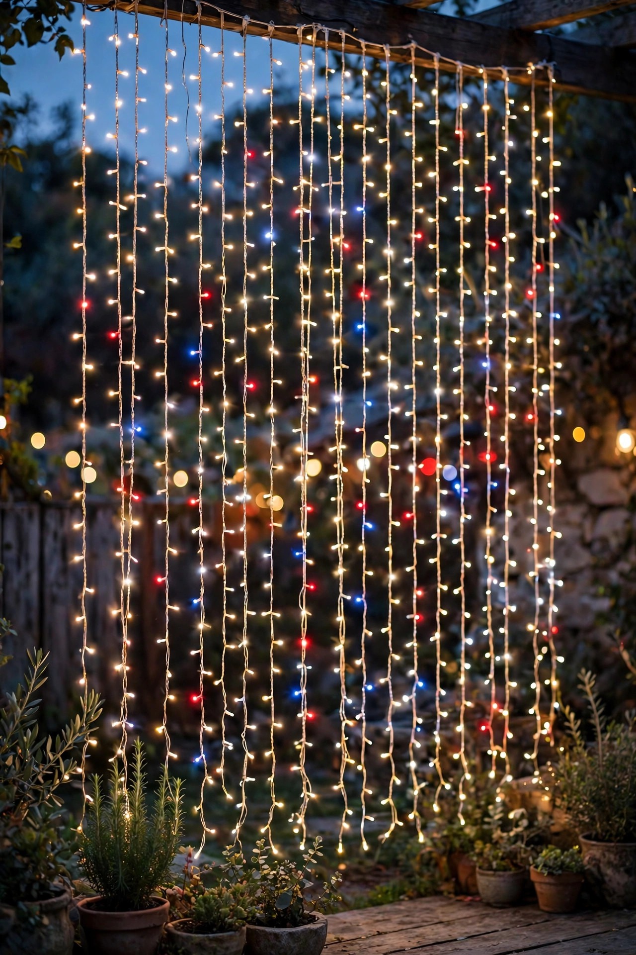 Warm white curtain lights hanging as a photo backdrop with red white and blue accents