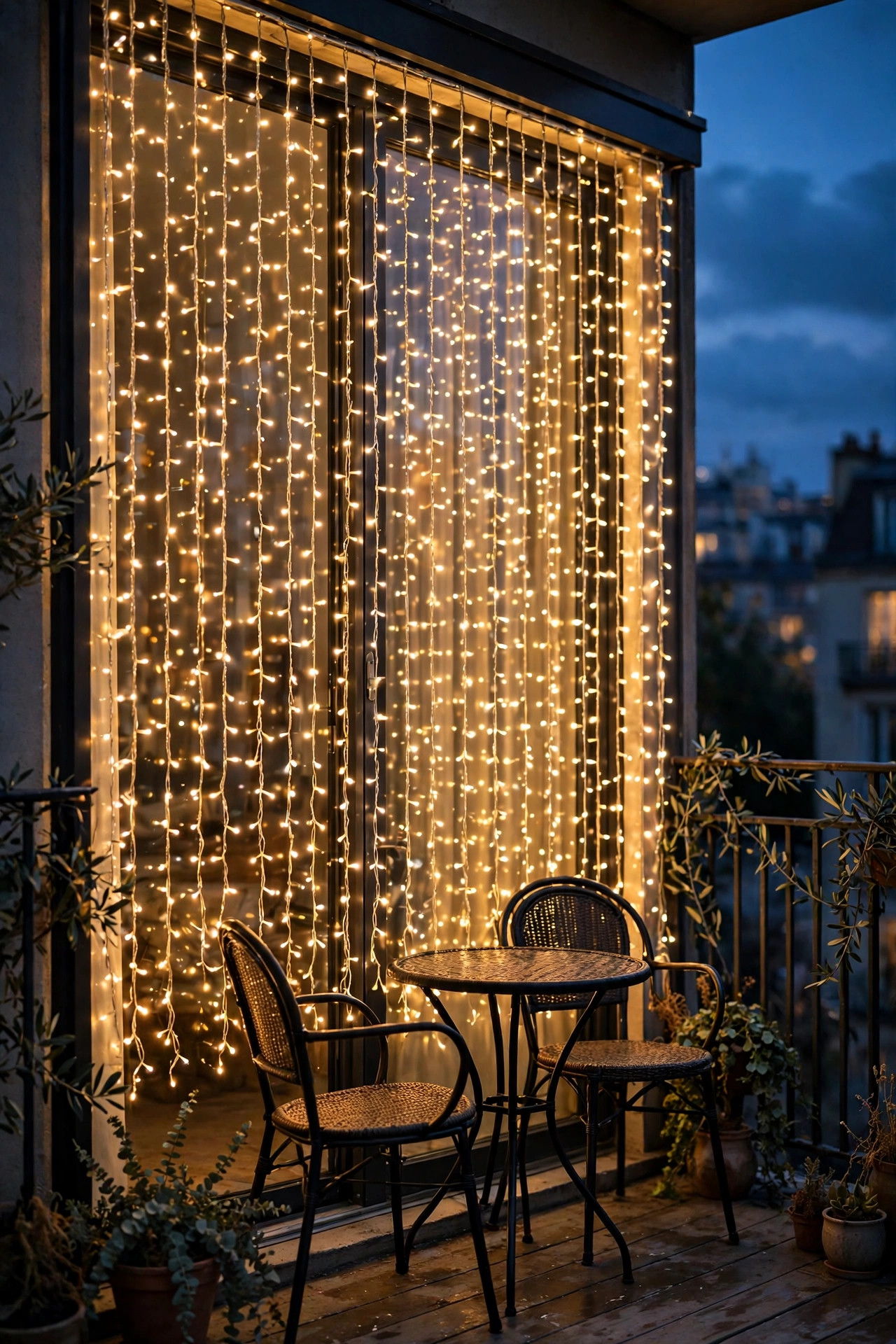Fairy light curtain draped across an apartment balcony sliding door at dusk, hundreds of warm tiny LEDs behind a bistro set
