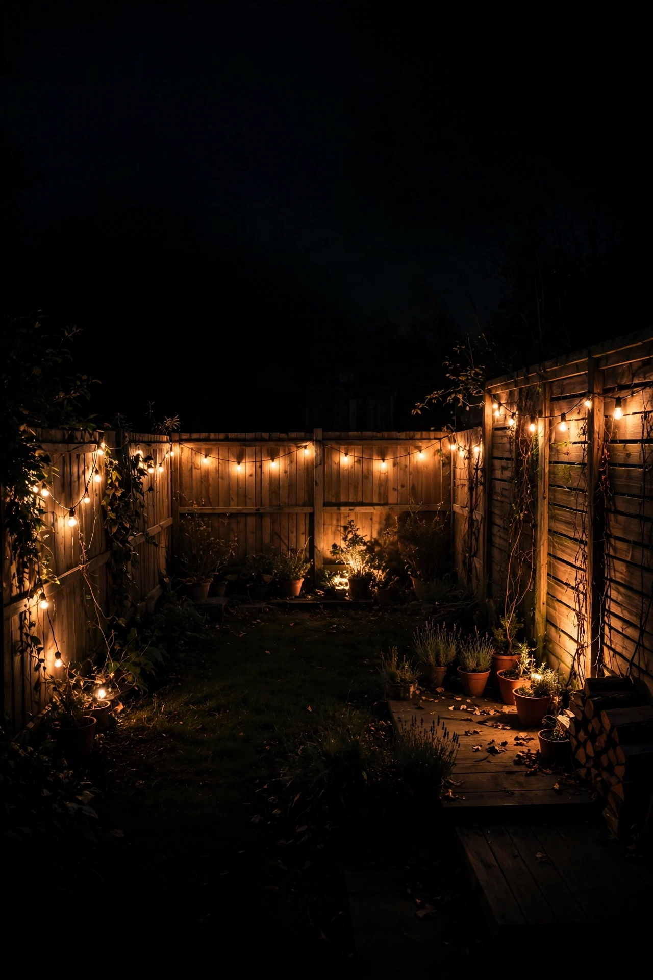 Small yard at night with one corner intentionally dark, making the lit areas feel larger and deeper