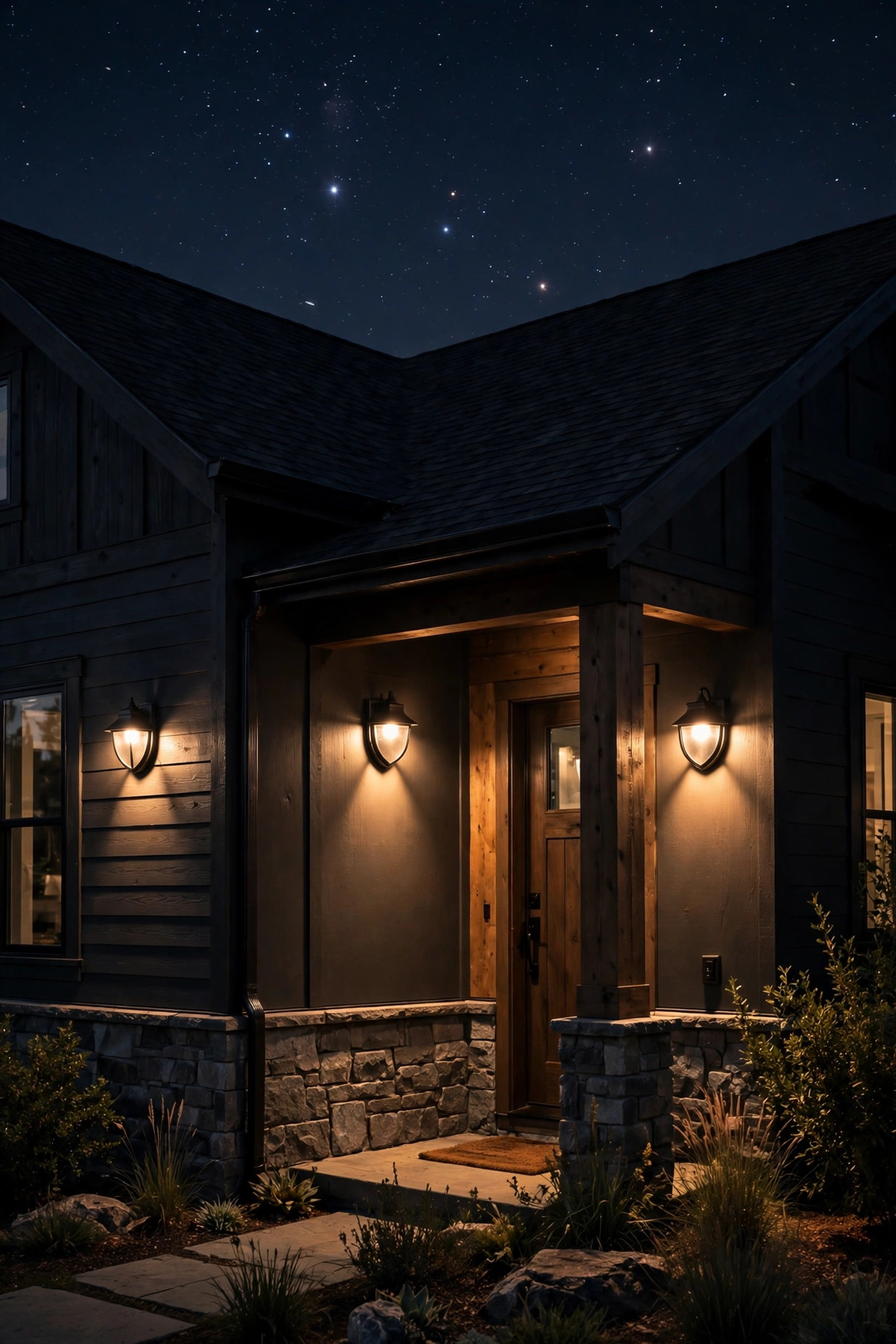 Shielded dark-sky friendly outdoor fixtures casting warm light downward only, stars visible above a home at night