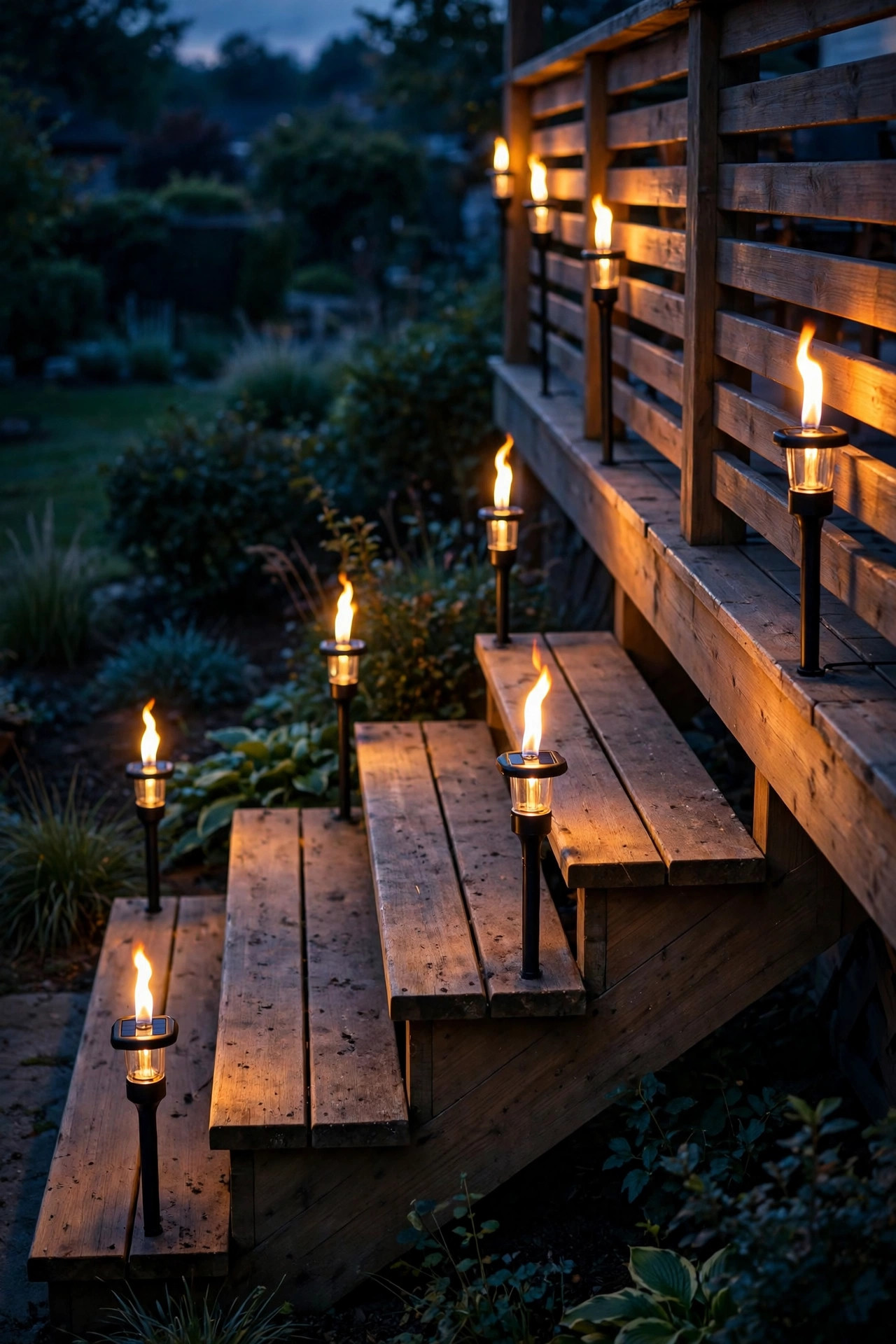 Short solar flame torches marking deck steps and a railing line at dusk