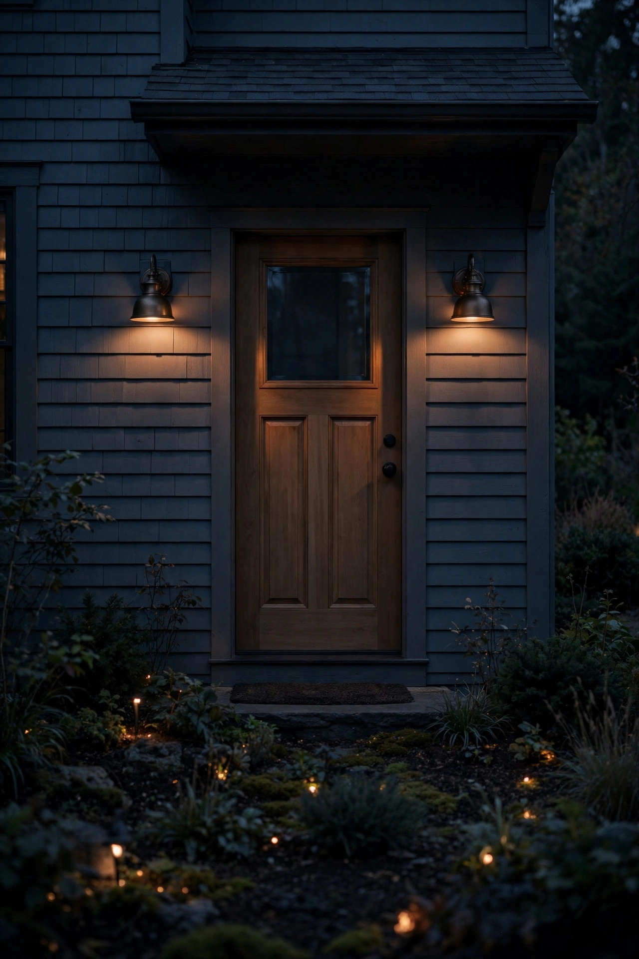 Dimmable porch sconces glowing softly in low evening light