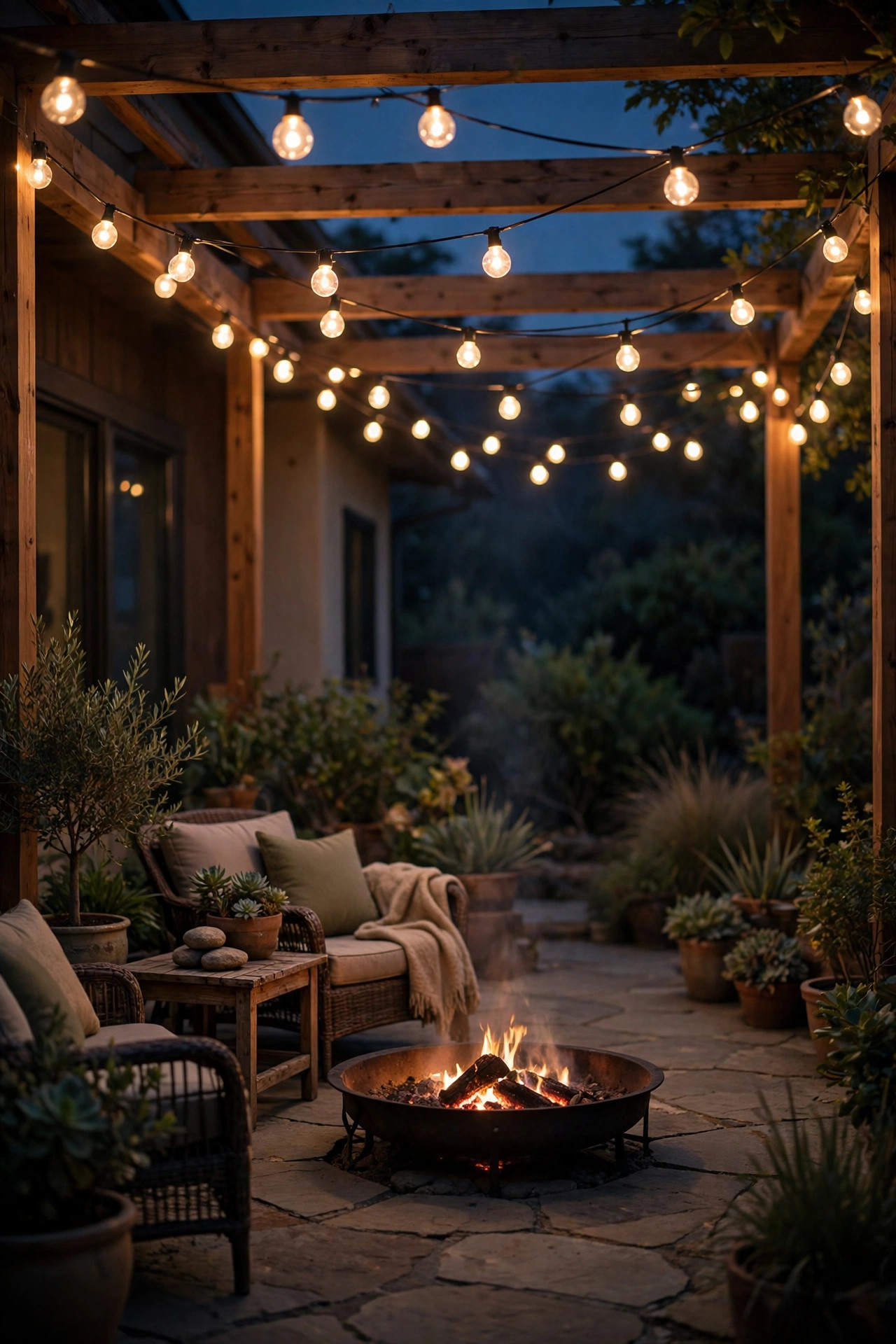 Globe string lights dimmed to a soft warm glow over a patio with a fire pit at night