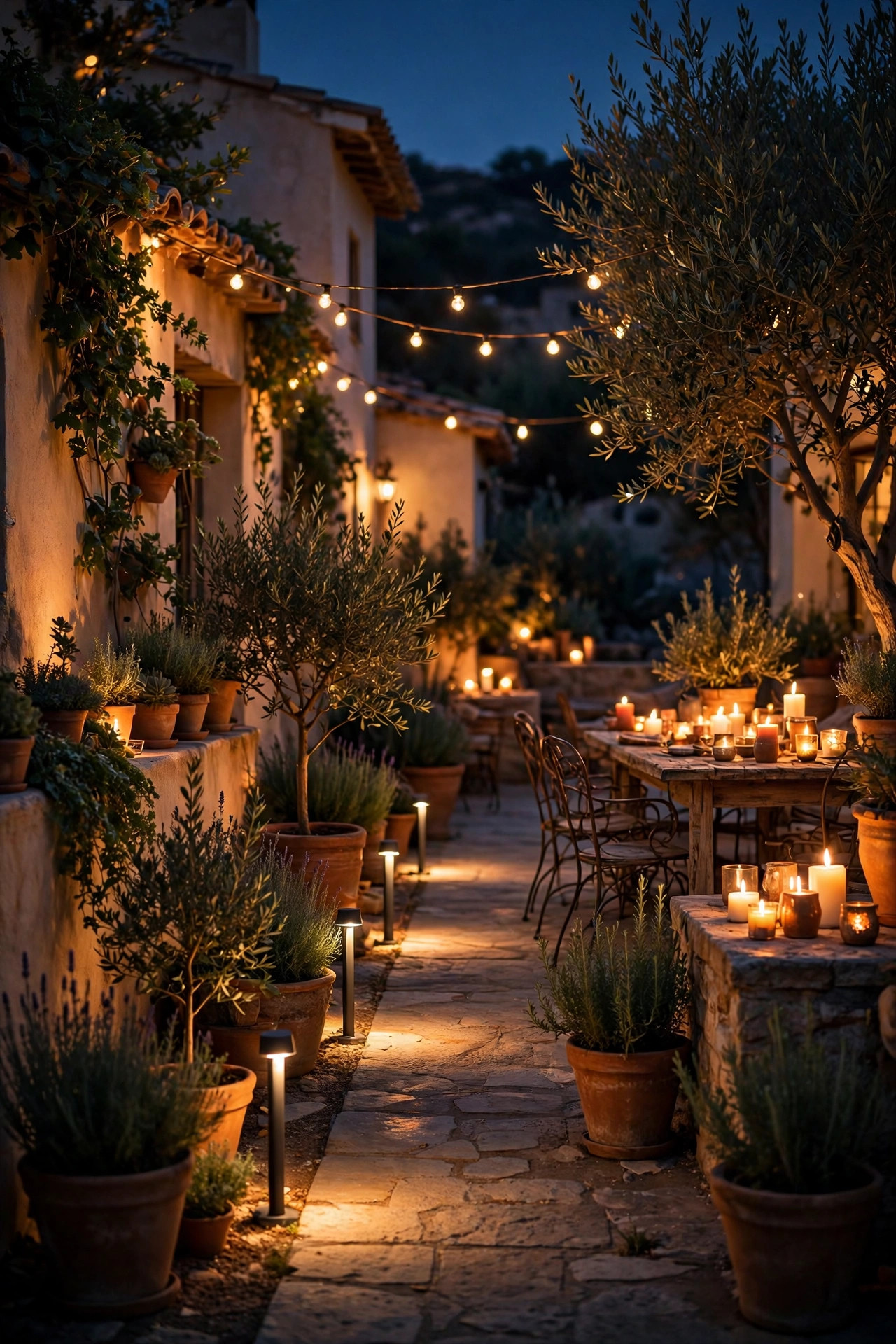 Mediterranean patio at night with dimmed string lights, steady path lights and candles taking over the glow