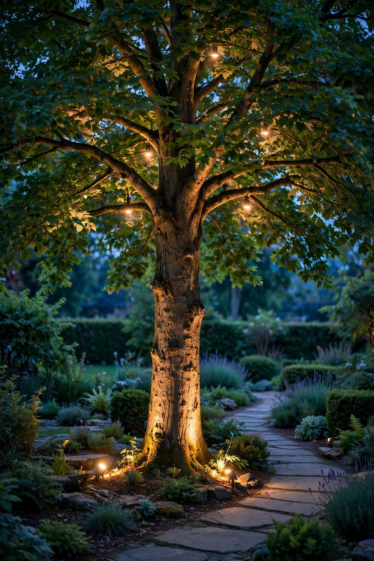 Tree at dusk lit from both directions with a warm uplight grazing the trunk and soft downlights glowing in the canopy above a garden path
