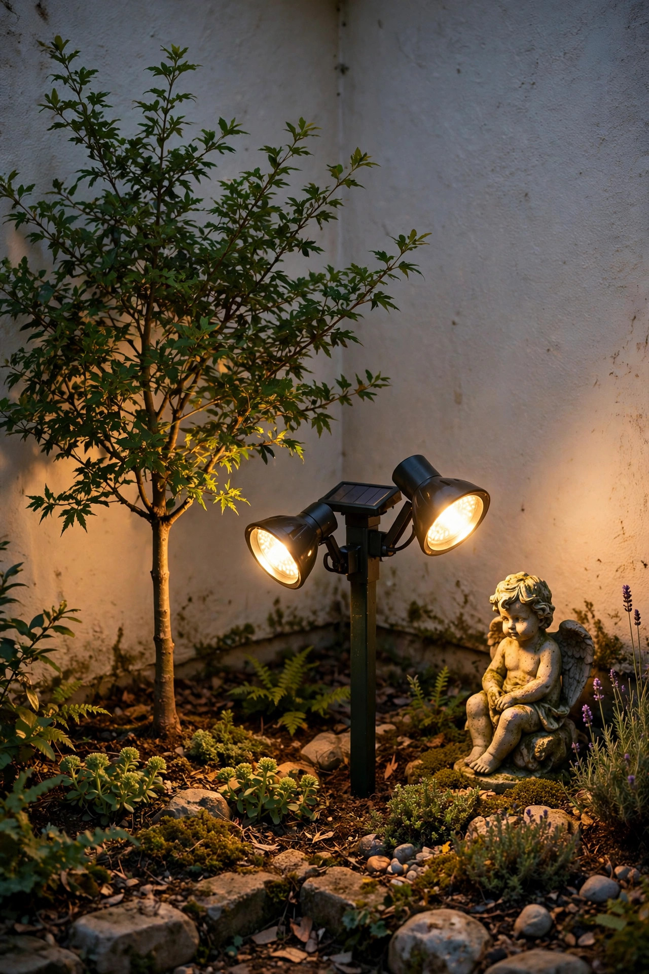 Dual-head solar spotlight lighting a small tree and garden statue at once in a corner bed