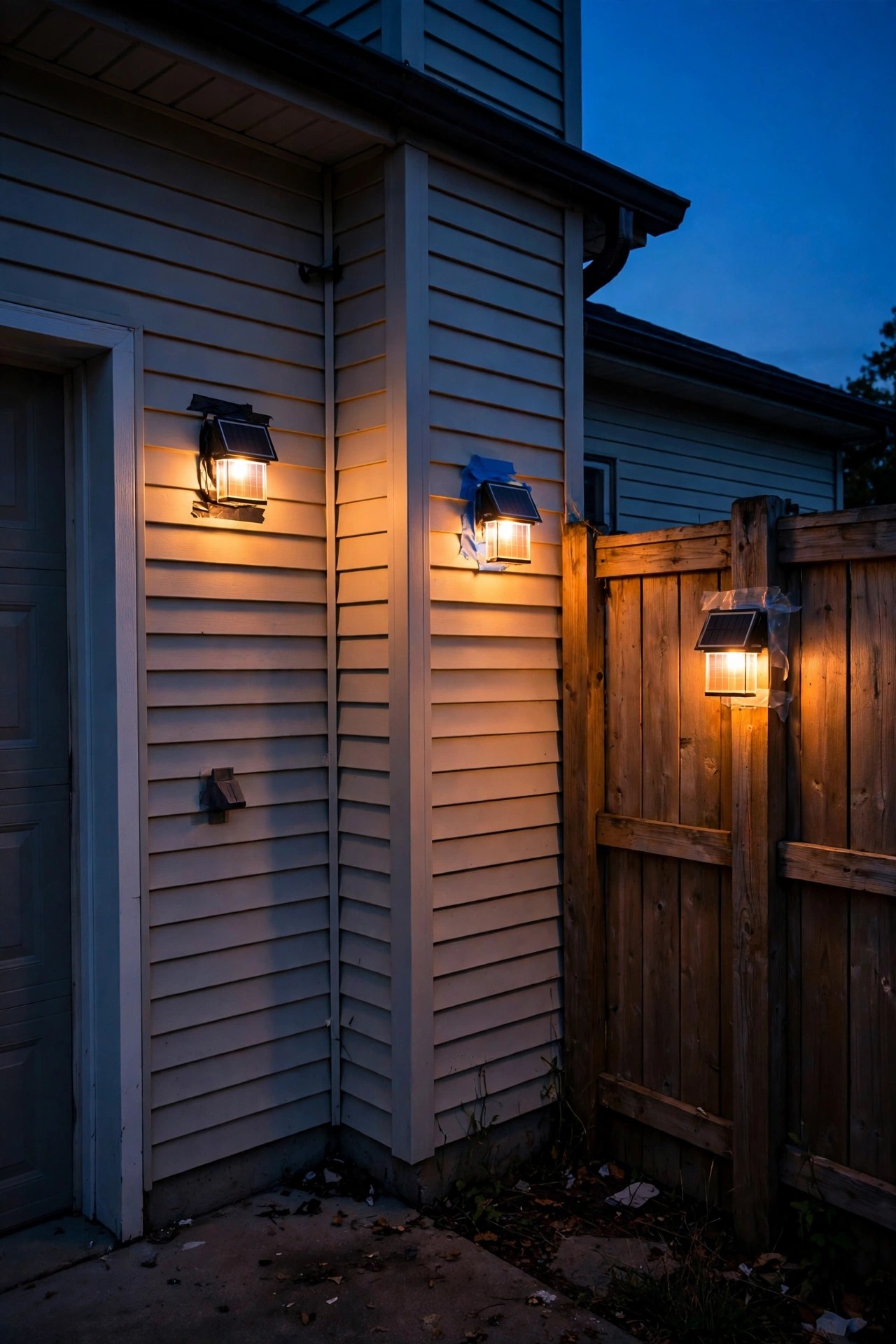 Solar wall lights temporarily mounted on a fence, garage and siding at dusk during a walkthrough test before final installation
