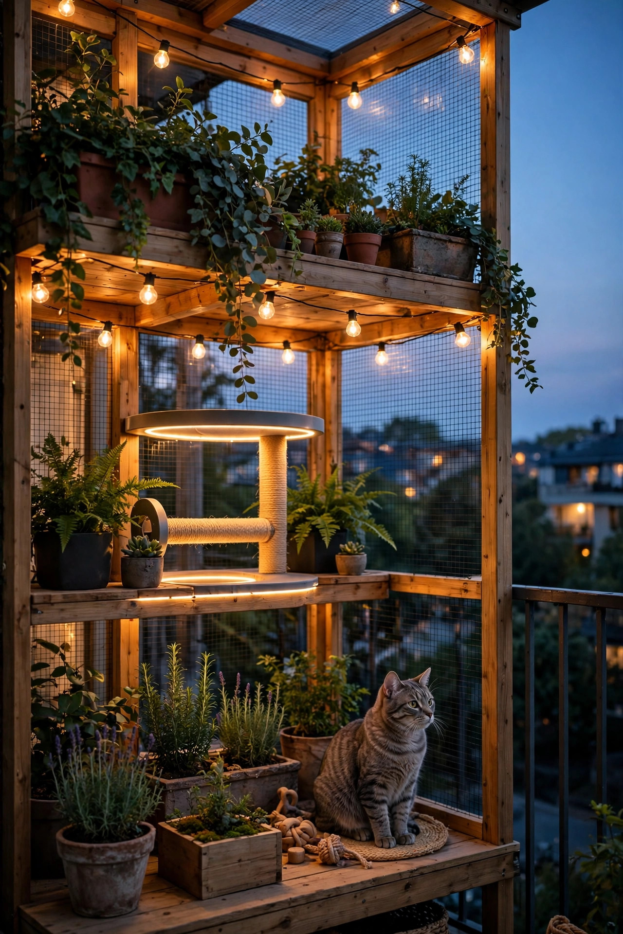 Fully layered balcony catio at dusk with string lights, glowing perches, planters and a cat watching the evening