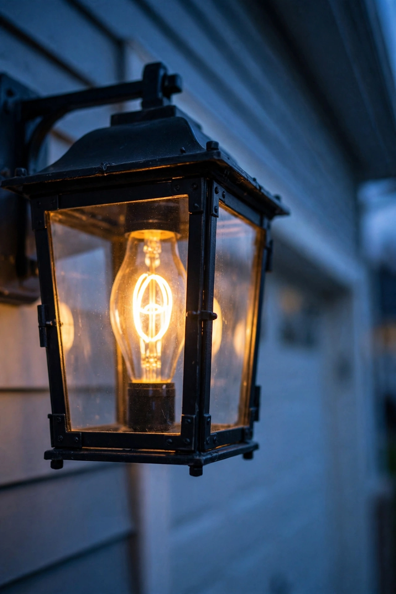 Close view of a carriage lantern glowing with vintage amber filament bulbs at dusk
