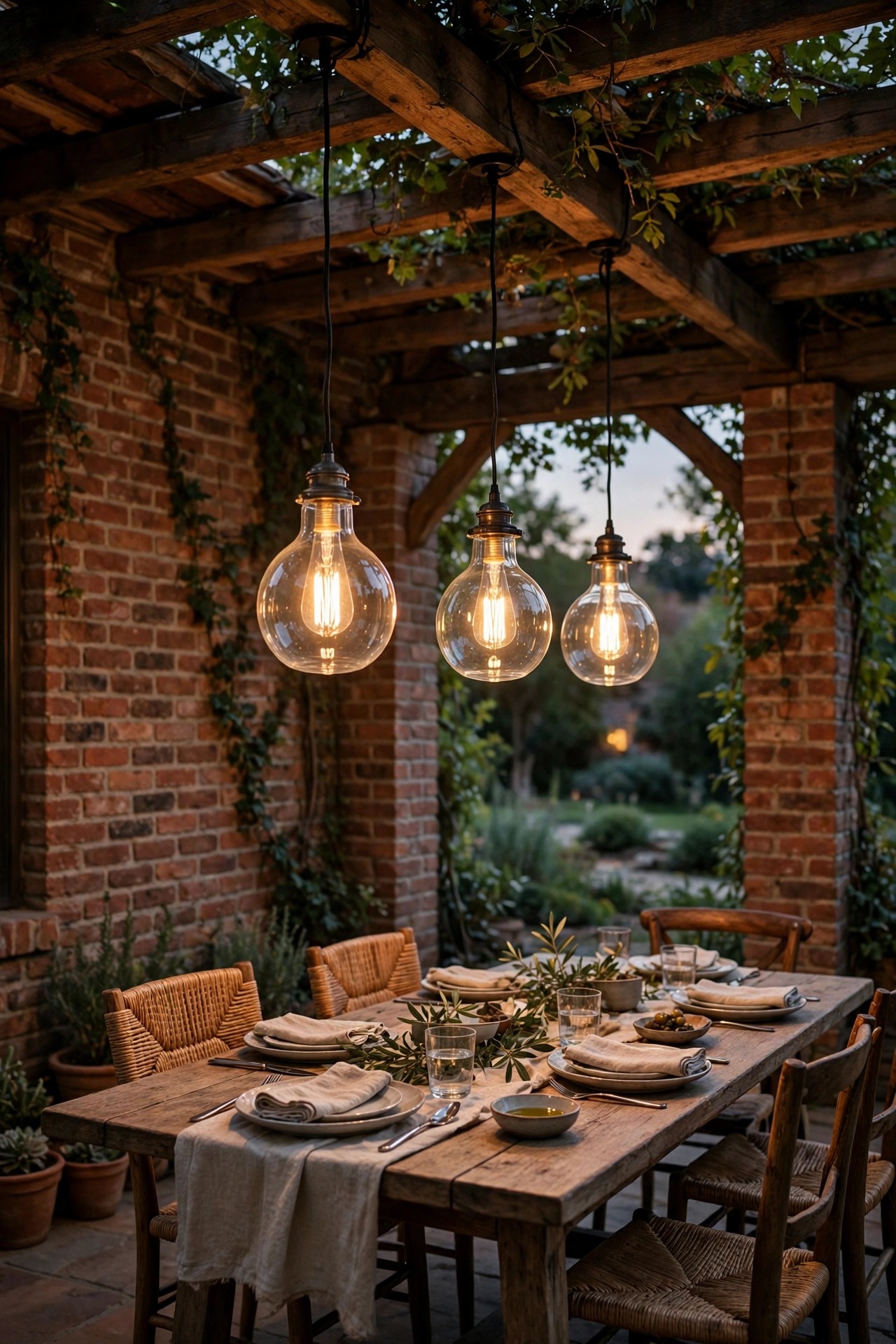 Clear glass Edison pendants with filament bulbs hanging over a dining table on a covered brick patio