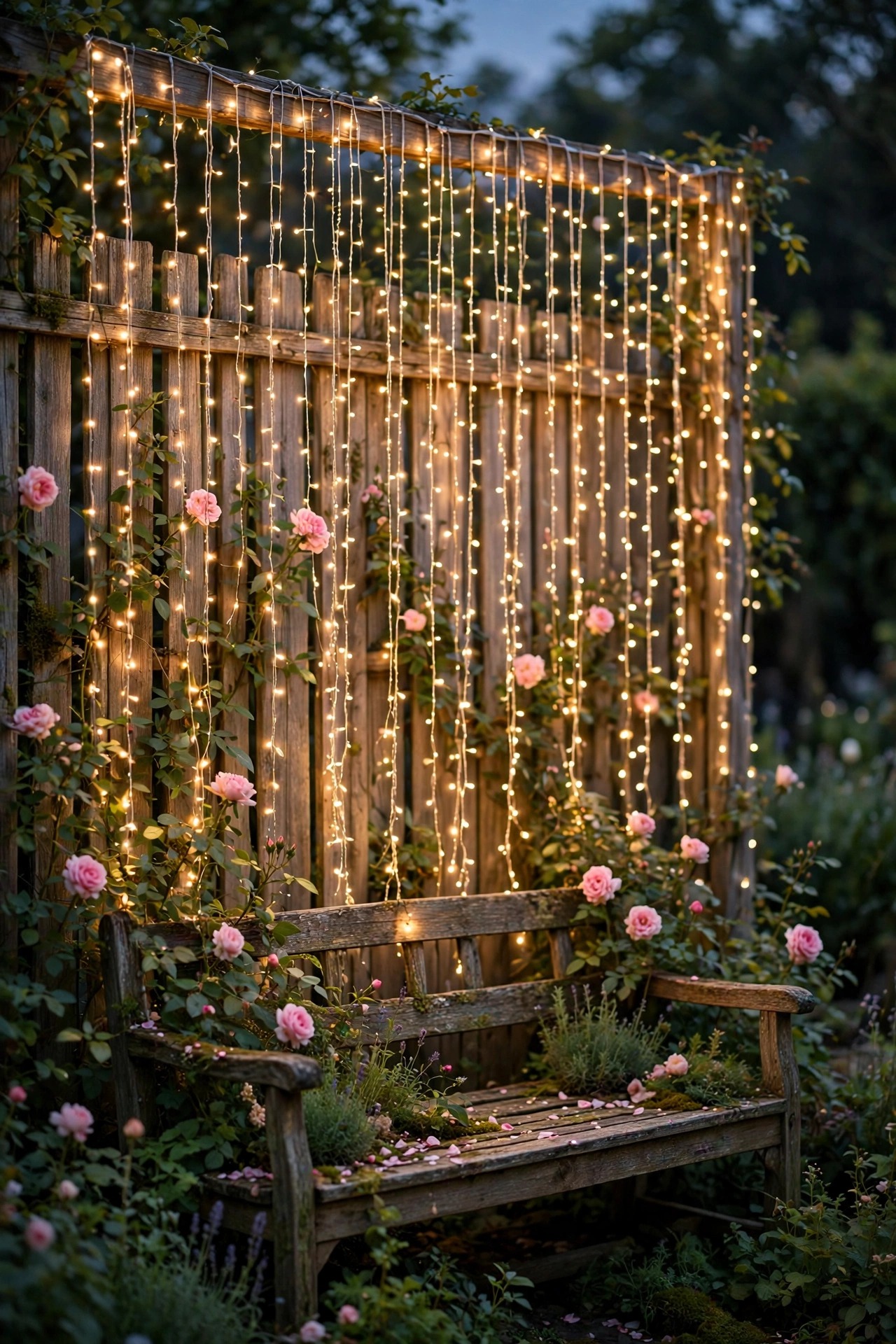 Fairy light curtain hanging on a garden fence behind a bench with climbing roses