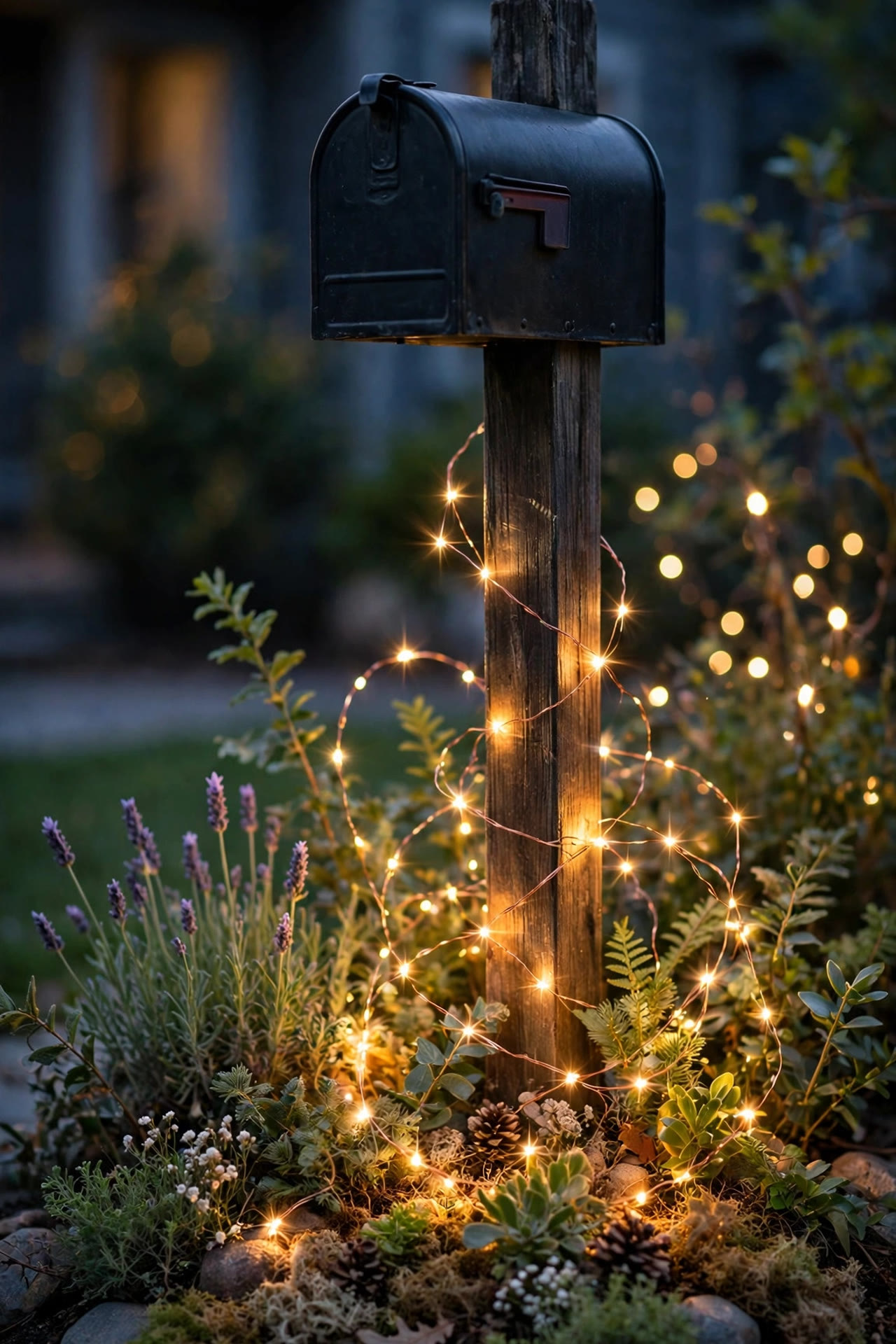 Copper wire fairy lights woven through plantings at the base of a mailbox post sparkling at dusk