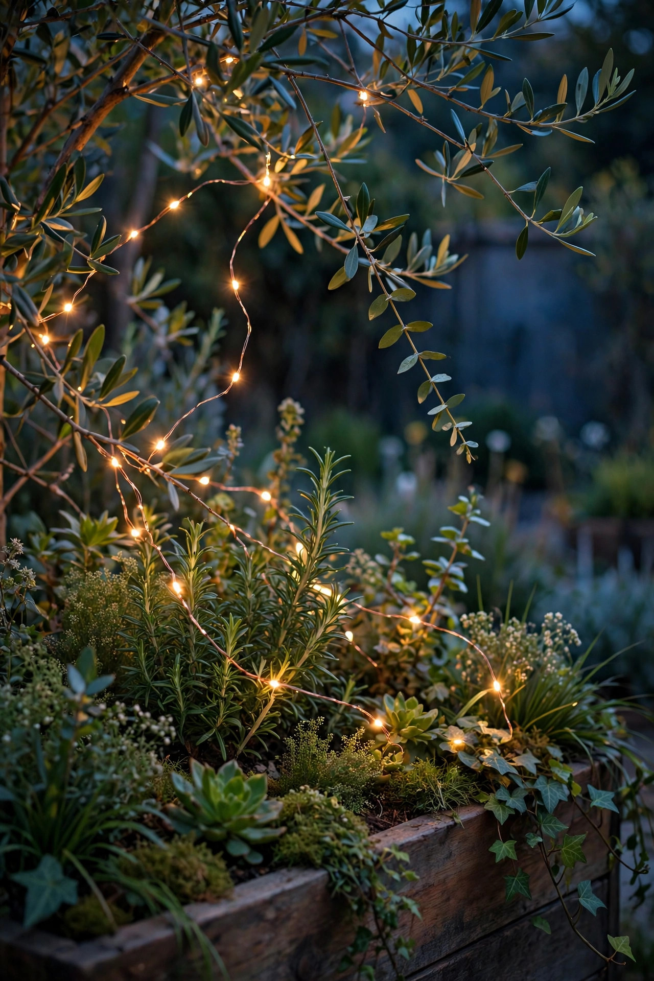Copper-wire fairy lights twinkling through planter greenery and low tree branches at dusk