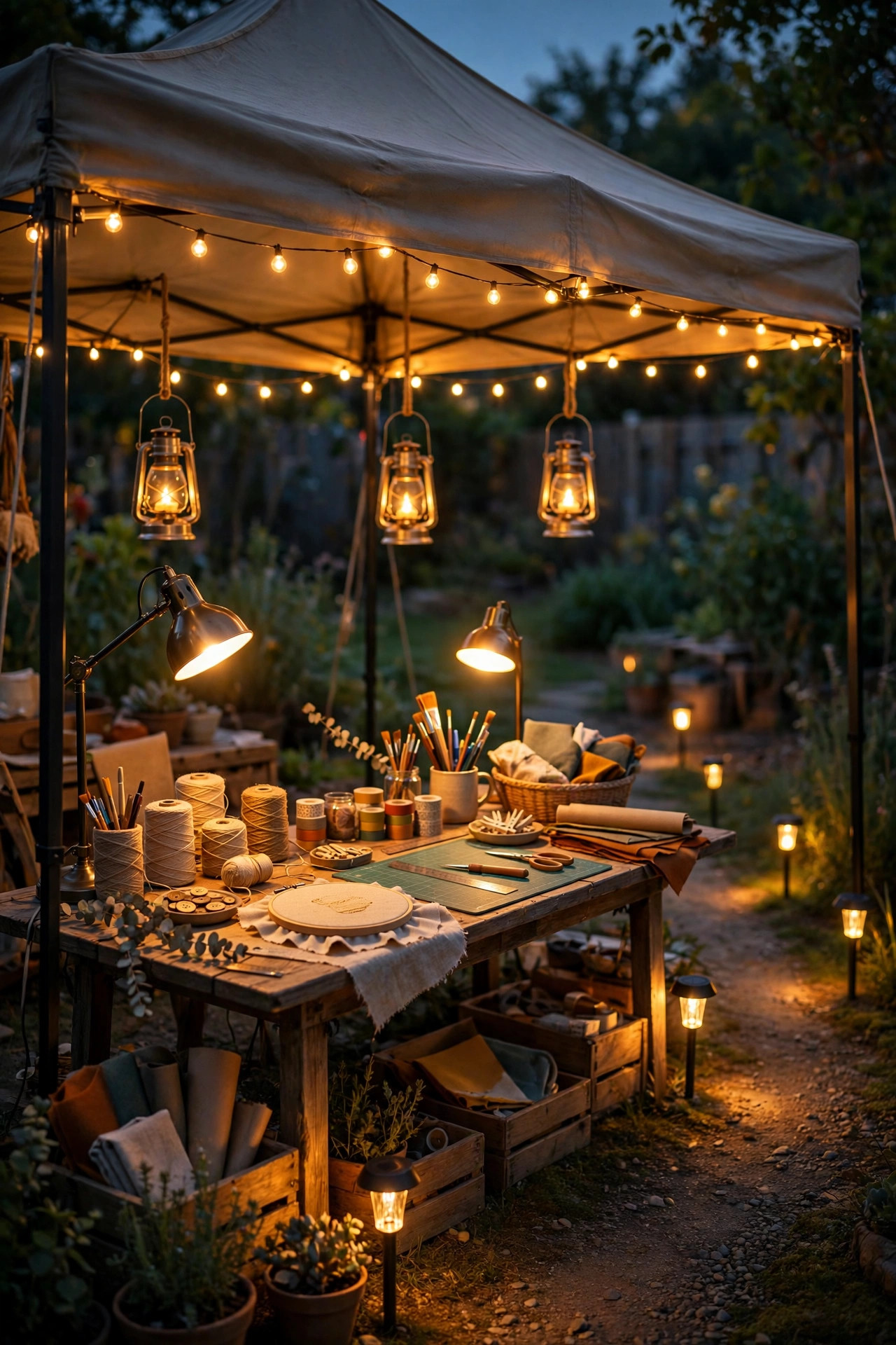 Finished outdoor craft night setup with one consistent warm color temperature across canopy, task lamps, lanterns, and path lights