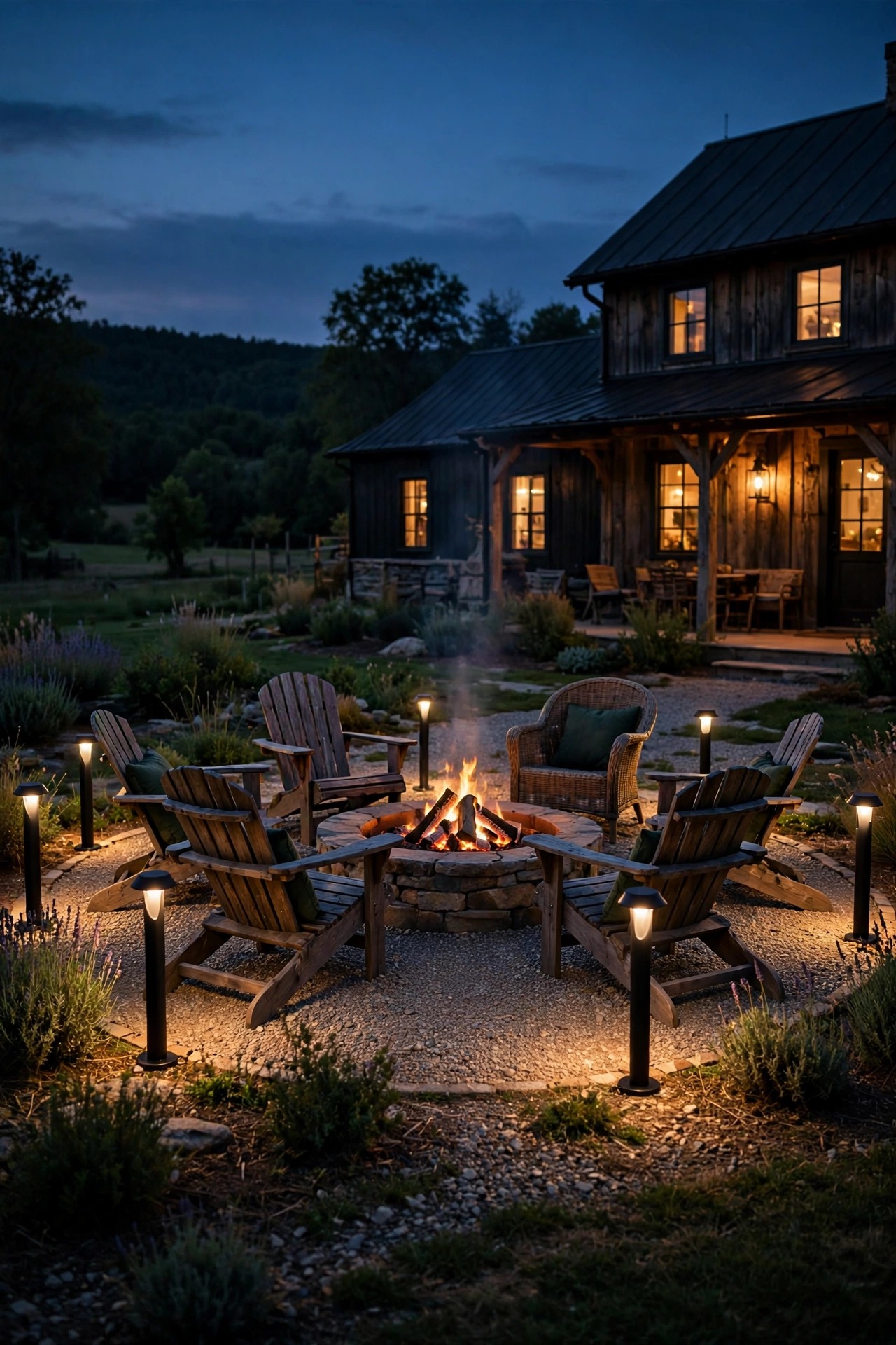 Low black bollard lights marking the edge of a farmhouse fire pit seating circle at night