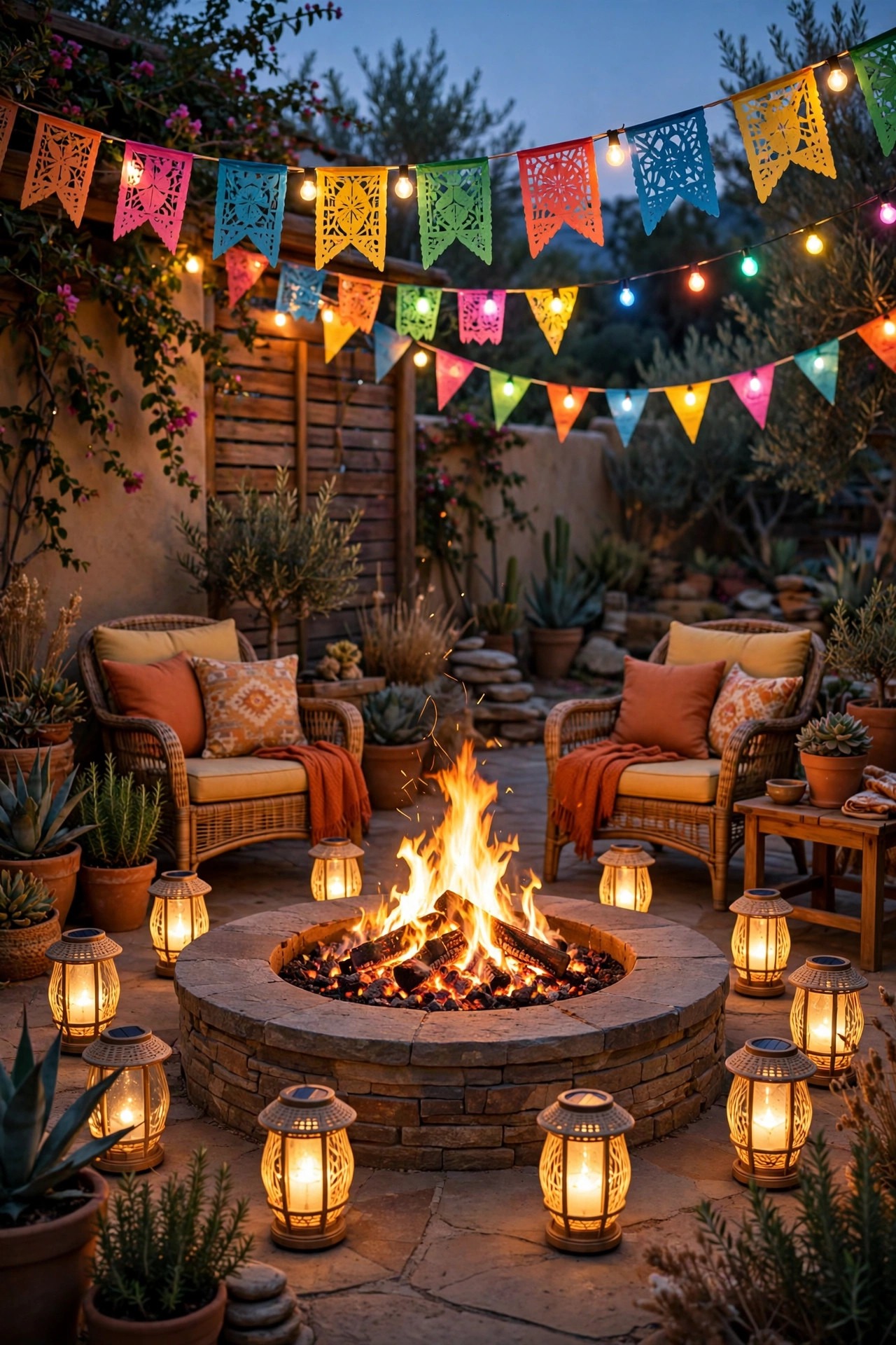 Fire pit glowing at dusk ringed by warm solar lanterns and patio seating
