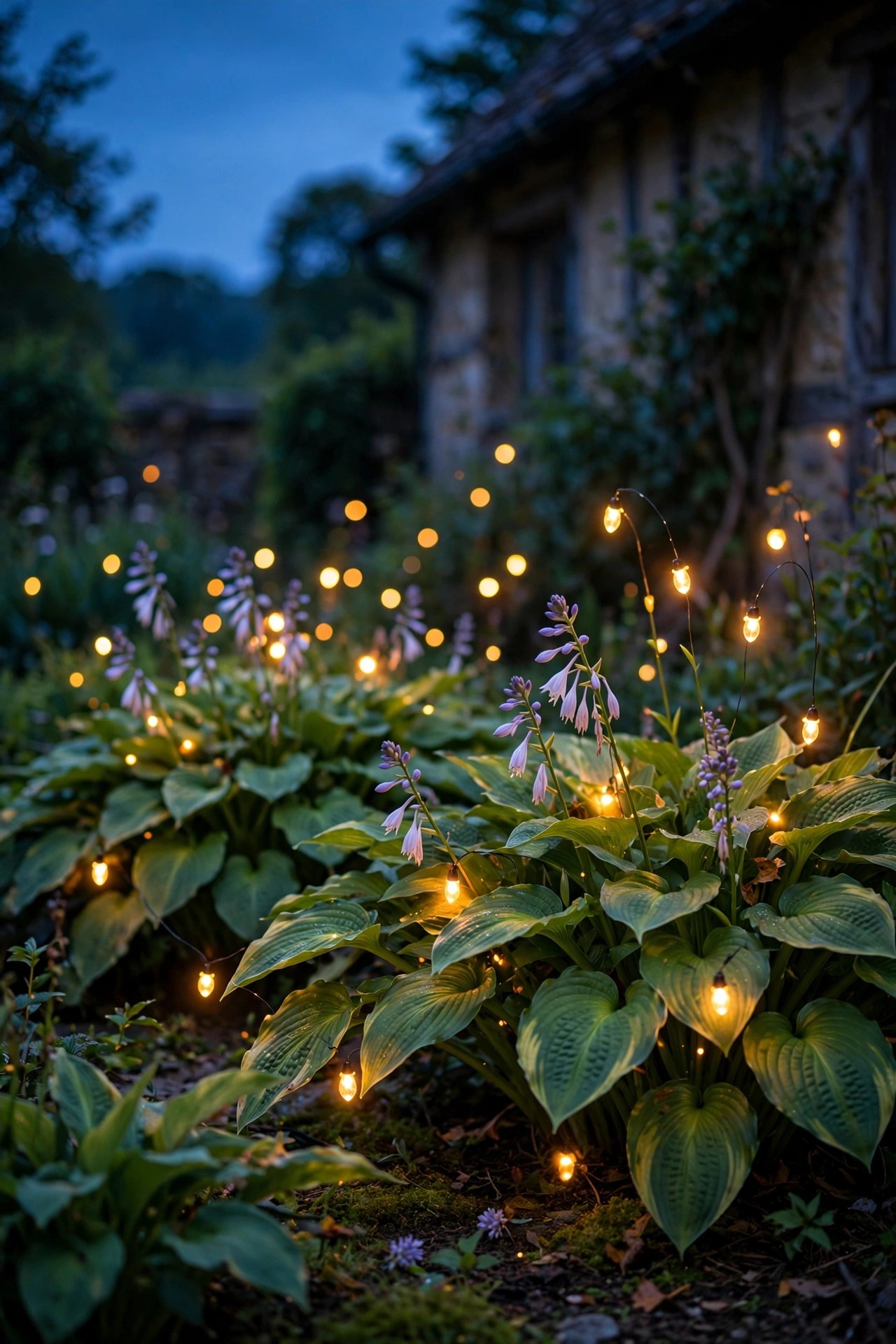 Solar firefly lights swaying among hostas in a cottage garden at dusk