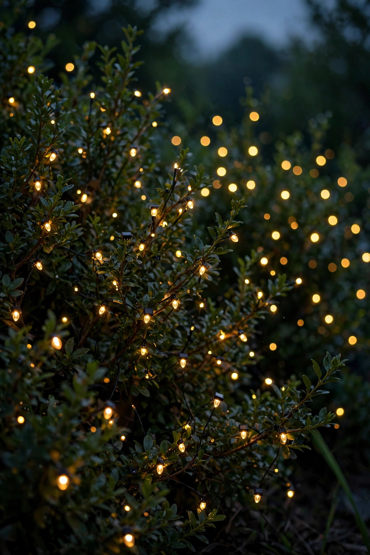 Tiny warm firefly solar lights glowing and swaying among dark green shrubs at dusk