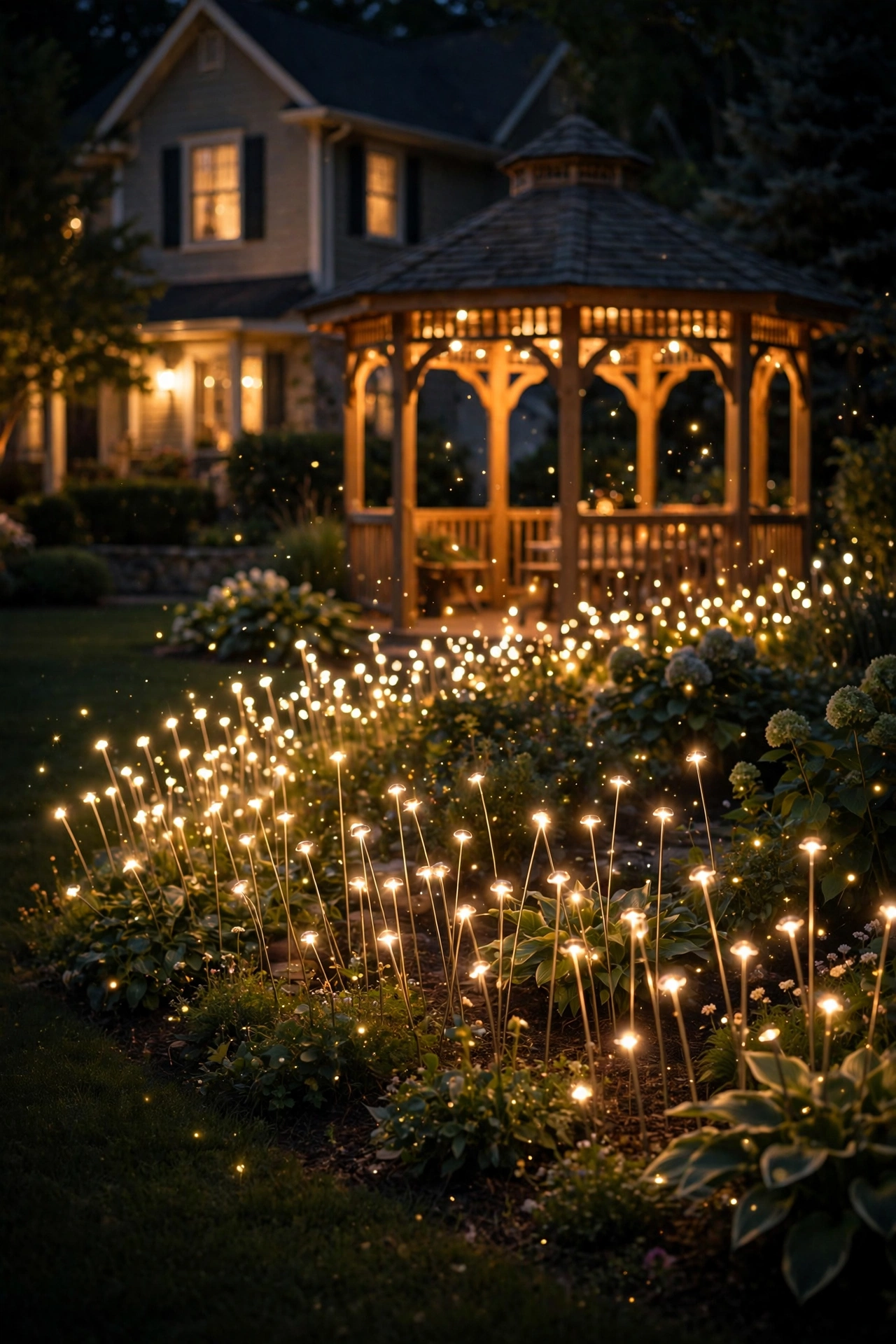 Firefly style solar stake lights glowing like fireflies around the base of a gazebo