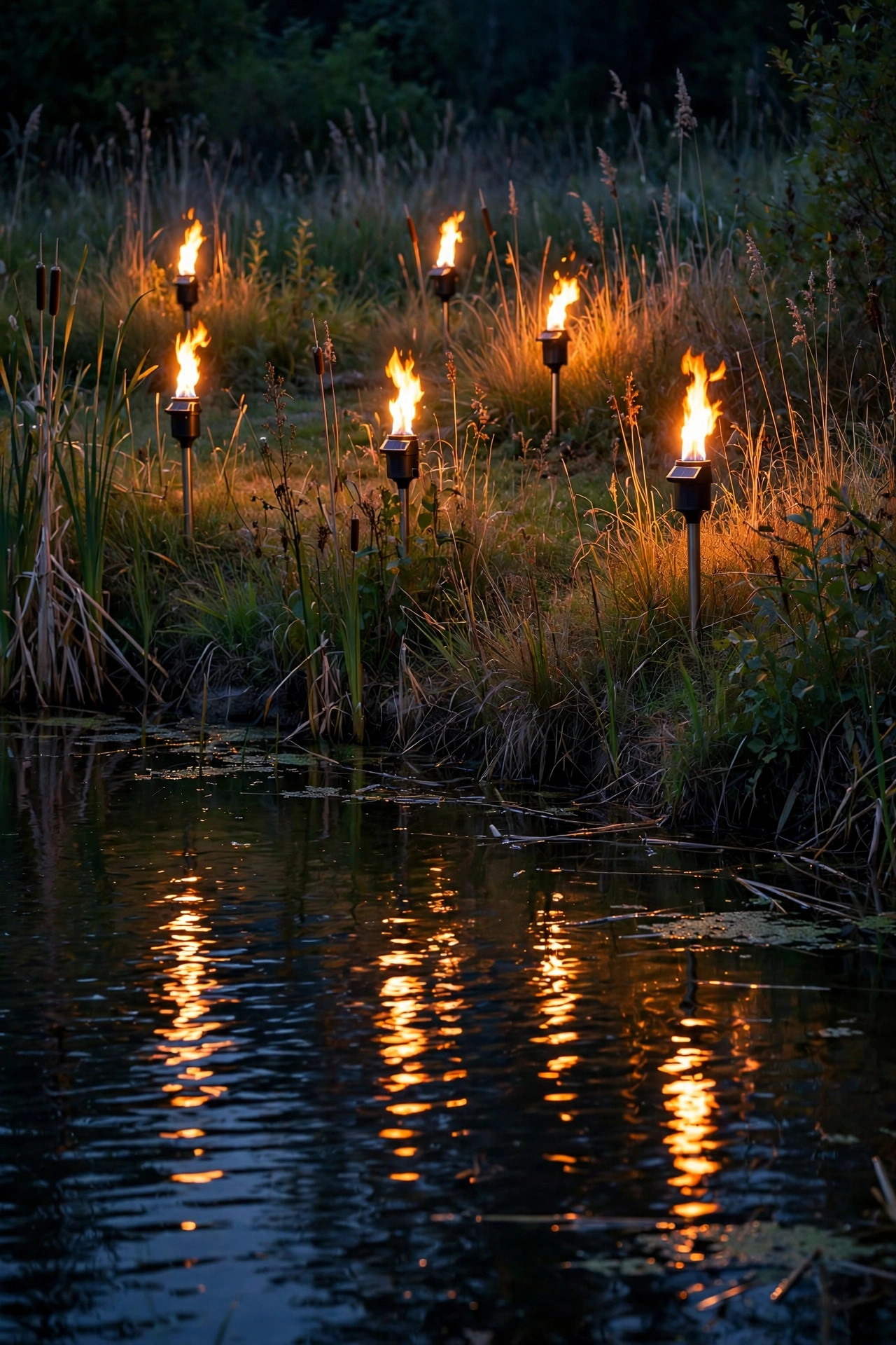 Solar flame-effect torch lights flickering warm orange among grasses behind a pond at night, reflections dancing on the water