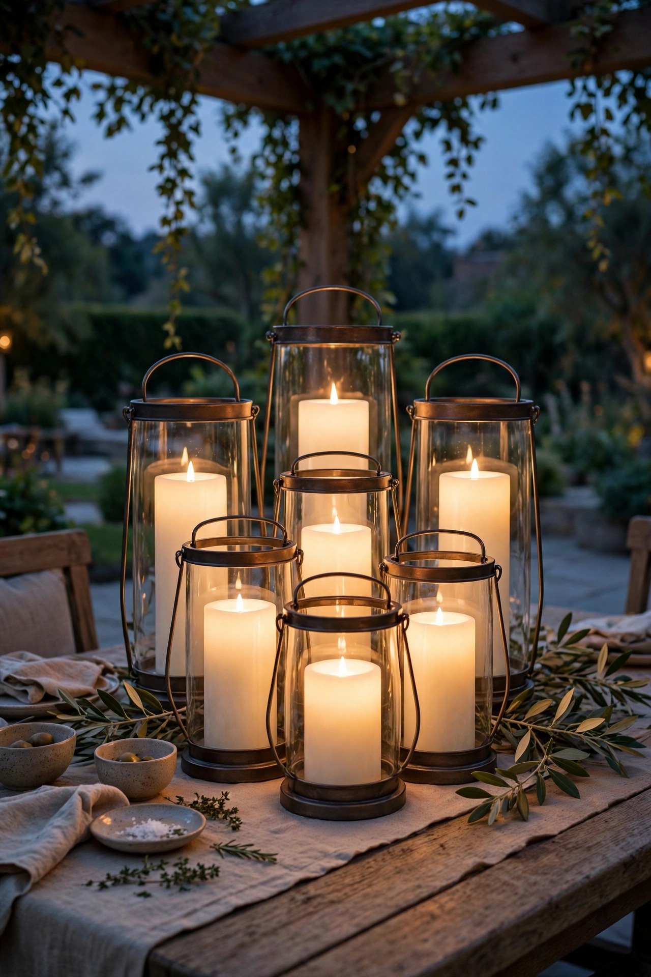 Cluster of flameless LED pillar candles in metal hurricanes glowing as a centerpiece on a pergola dining table