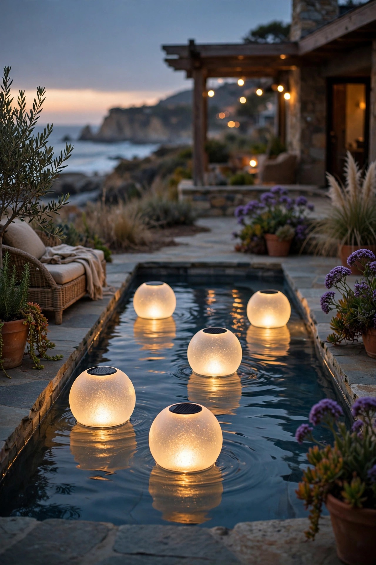 Glowing floating solar orbs drifting on a coastal patio pool at dusk