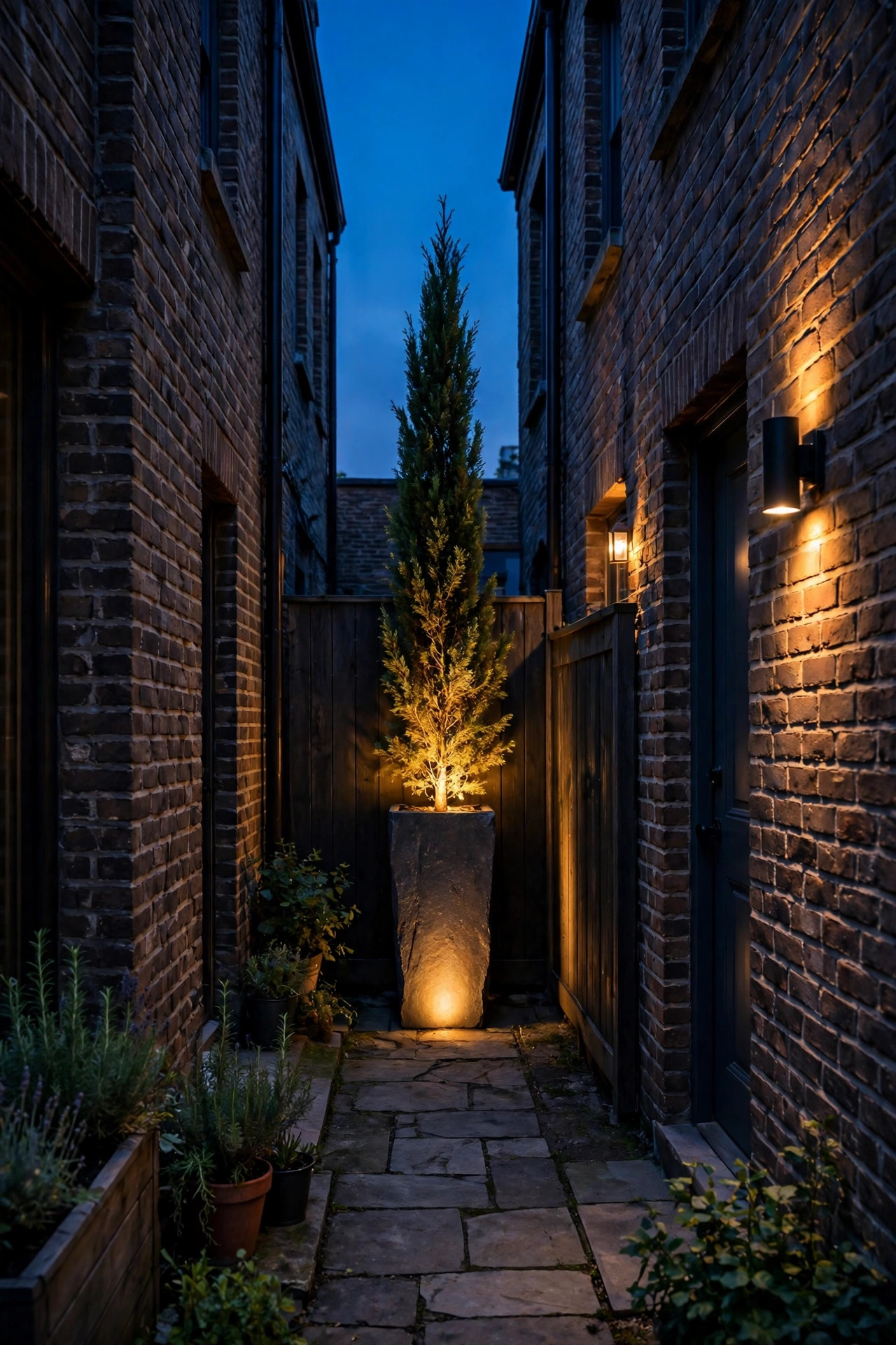 Tall planter with a small columnar evergreen uplighted at the far end of a narrow townhome backyard